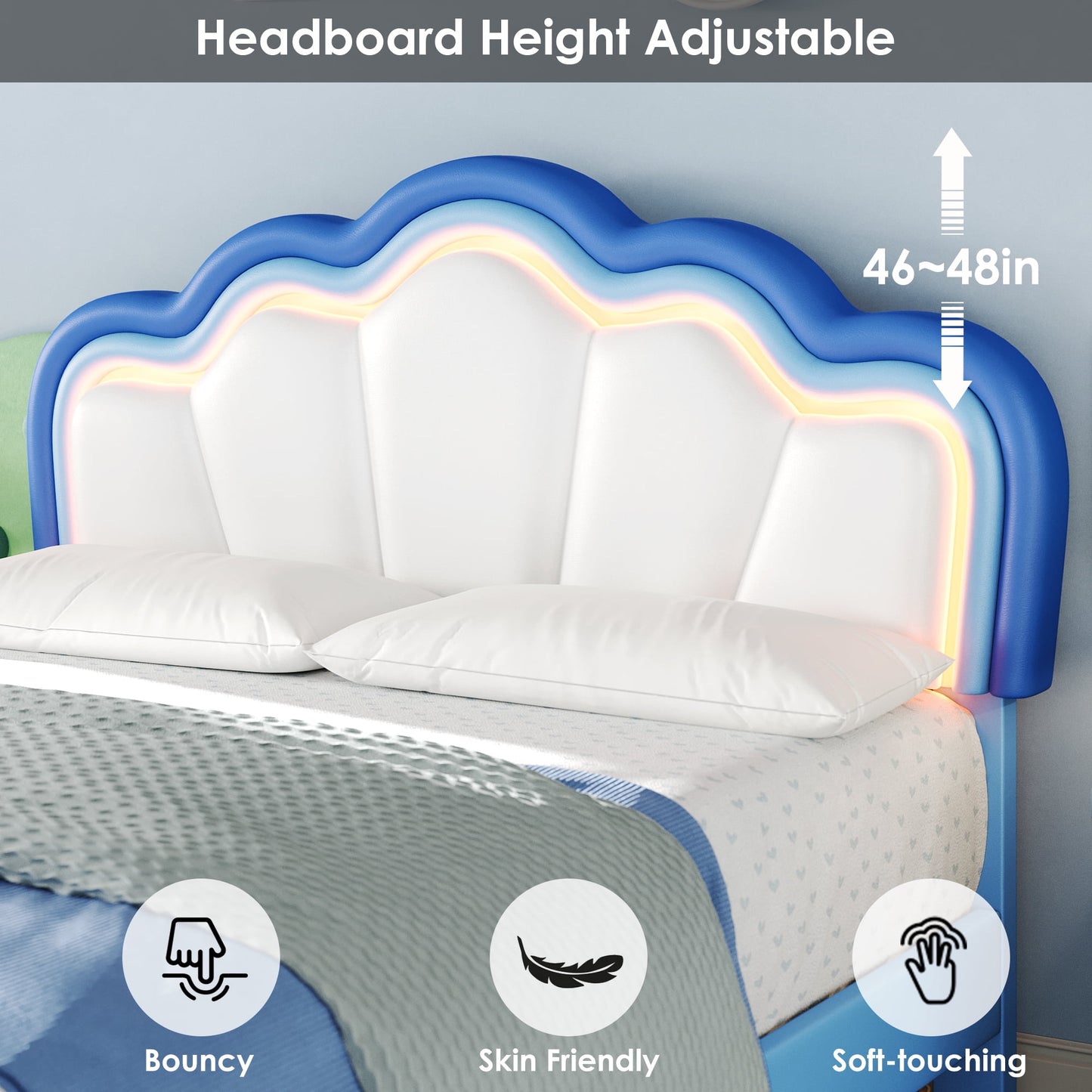 Homfa Queen Size LED Bed Frame with Drawer, PU Leather Upholstered Platform Bed with Adjustable Petal Headboard for Kid, Blue