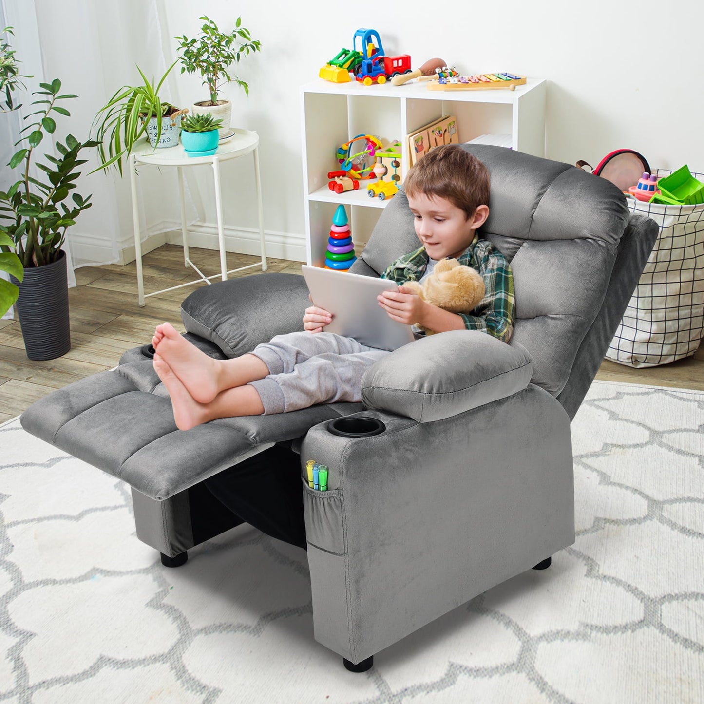 Infans Kids Youth Recliner Chair Velvet Fabric Armrest Sofa w/Cup Holder Grey