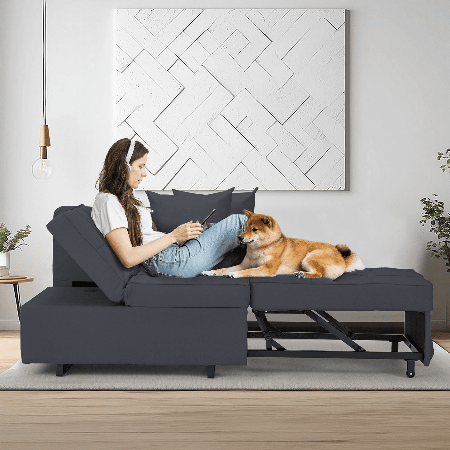 Hommow 3-in-1 Sleeper Sofa Chair Bed , 5-position Adjustable Backrest Pull Out Sofa Bed with Faux Linen Sofa Fabric, Fold Out Chair Bed for Living Rooms, Apartments, Small Rooms, Black