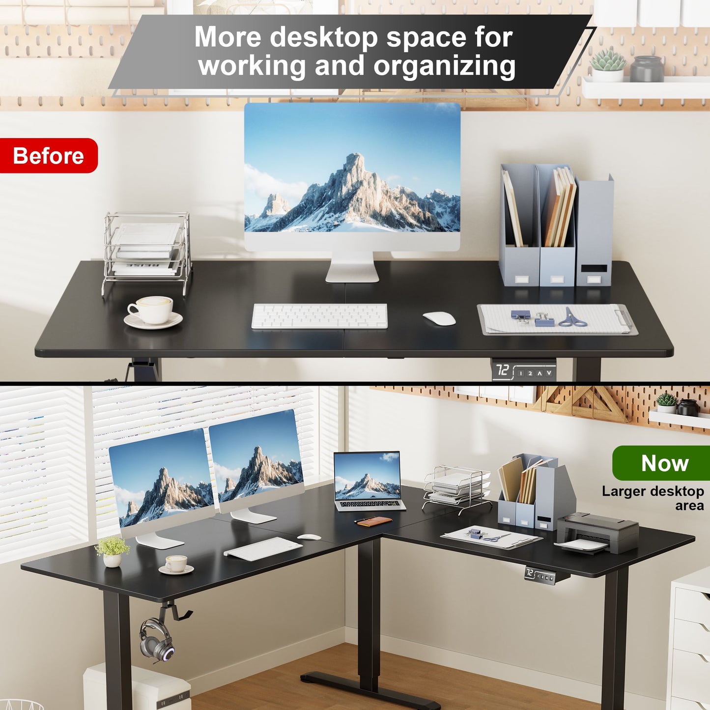 Homall 63in Wide L-shaped Electric Sit-Stand Desk Lifting Range 28~46in Height Gear Memory Ergonomics Standing Desk Height Adjustable Computer Desk, Black