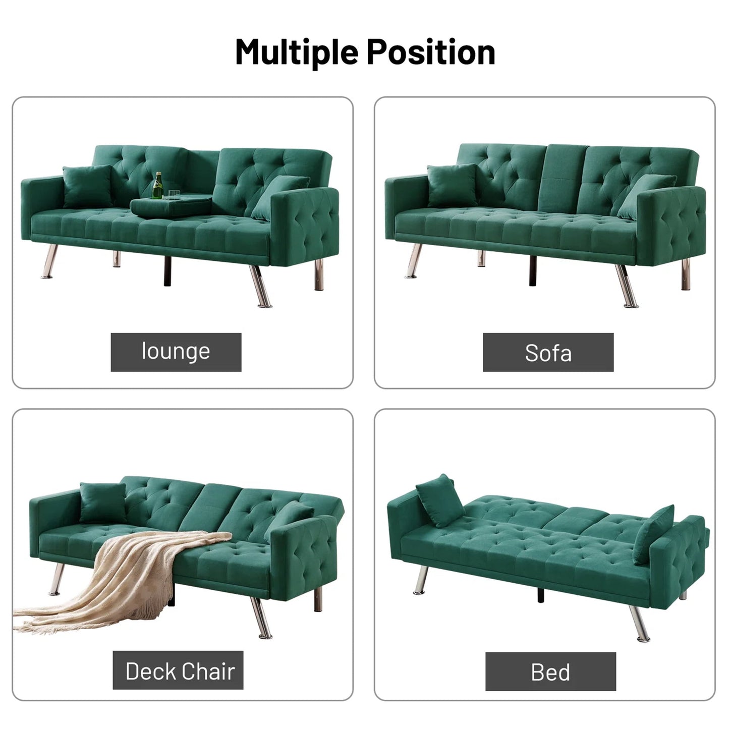 Aukfa 75in Tufted Futon Convertible Sofa Bed, Arm Couch for Home Office, 2 Cup Holders&Pillows, Green