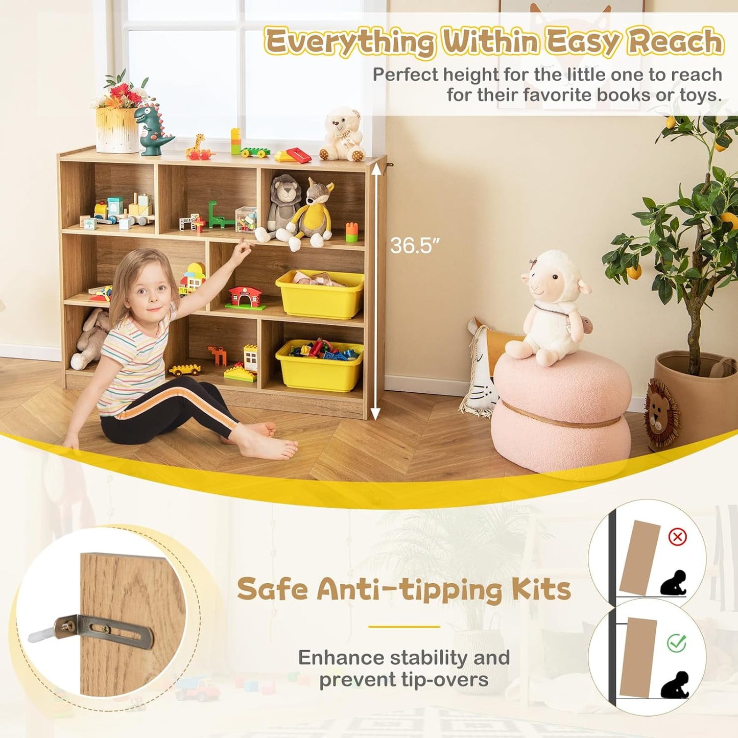 HOMEZY Kids Montessori Shelf, 8-Cube Wooden Toy Storage Organizer, 3 Tier Open Kids Bookshelf for Classroom, Bedroom & Playroom, Natural