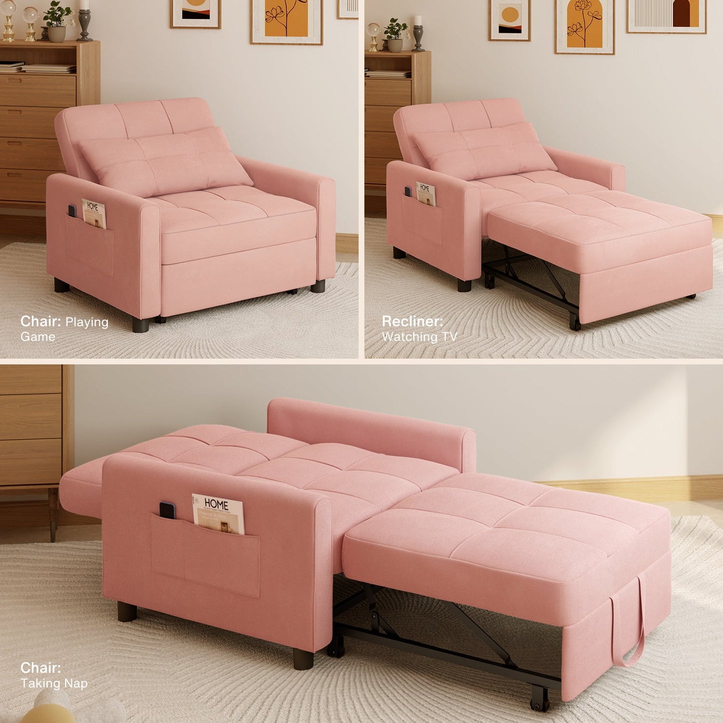 3 in 1 Convertible Chair Bed,Lofka Lounger Sleeper Chair Bed, Linen Sofa Bed Sleeper Armchair,Dream Pink