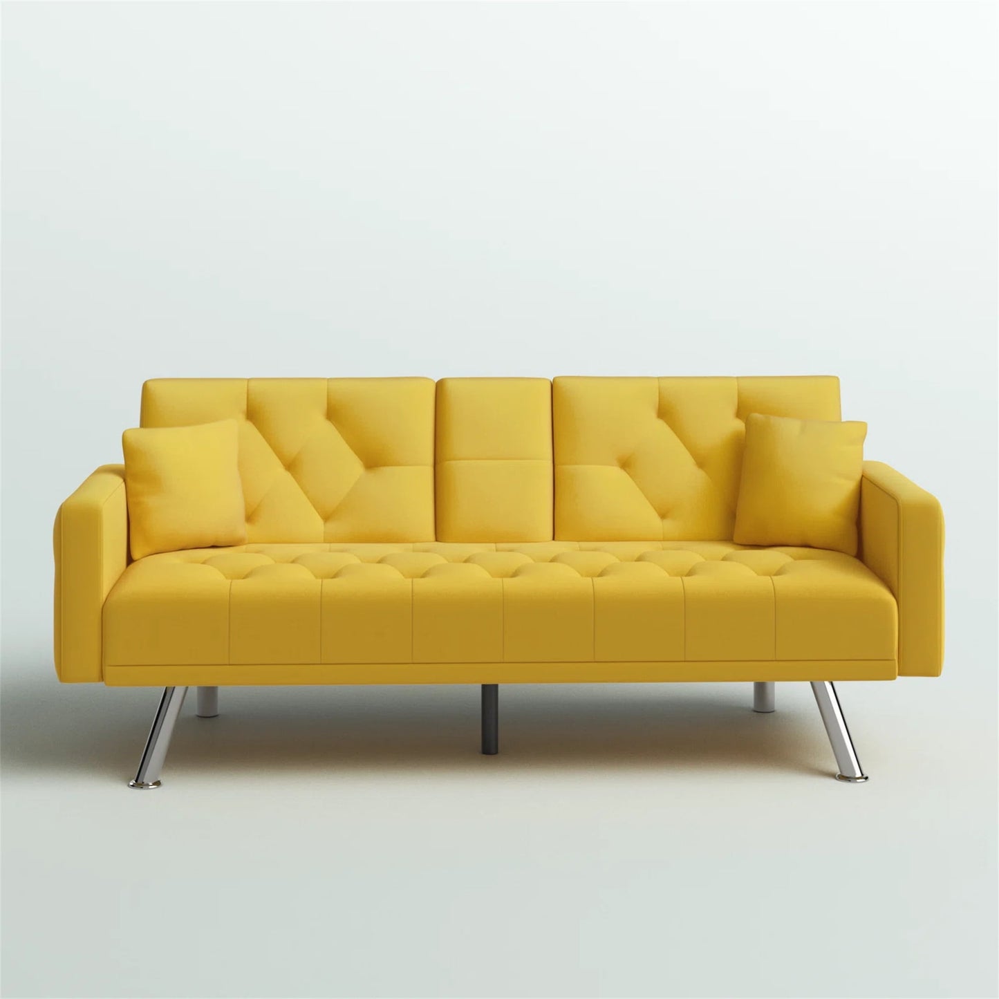 Aukfa 75in Tufted Futon Convertible Sofa Bed, Arm Couch for Home Office, 2 Pillow&Cup Holder, Yellow