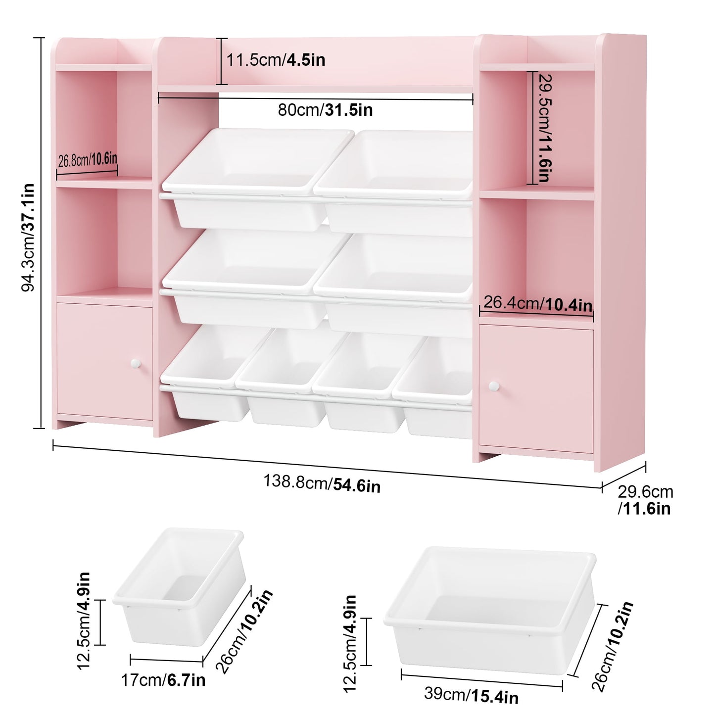 Homfa Kids Toy Organization Cubby Bookcase with 8 Bin, 2 Door Pink Storage Organizer Bookshelf for Children Room Playroom