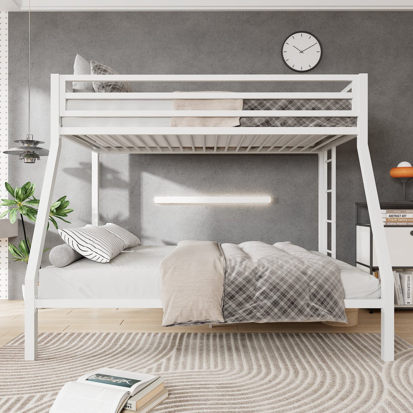 Amolife Twin over Full Size Metal Bunk Bed with Removable Ladder, Full-Length Guardrail, White