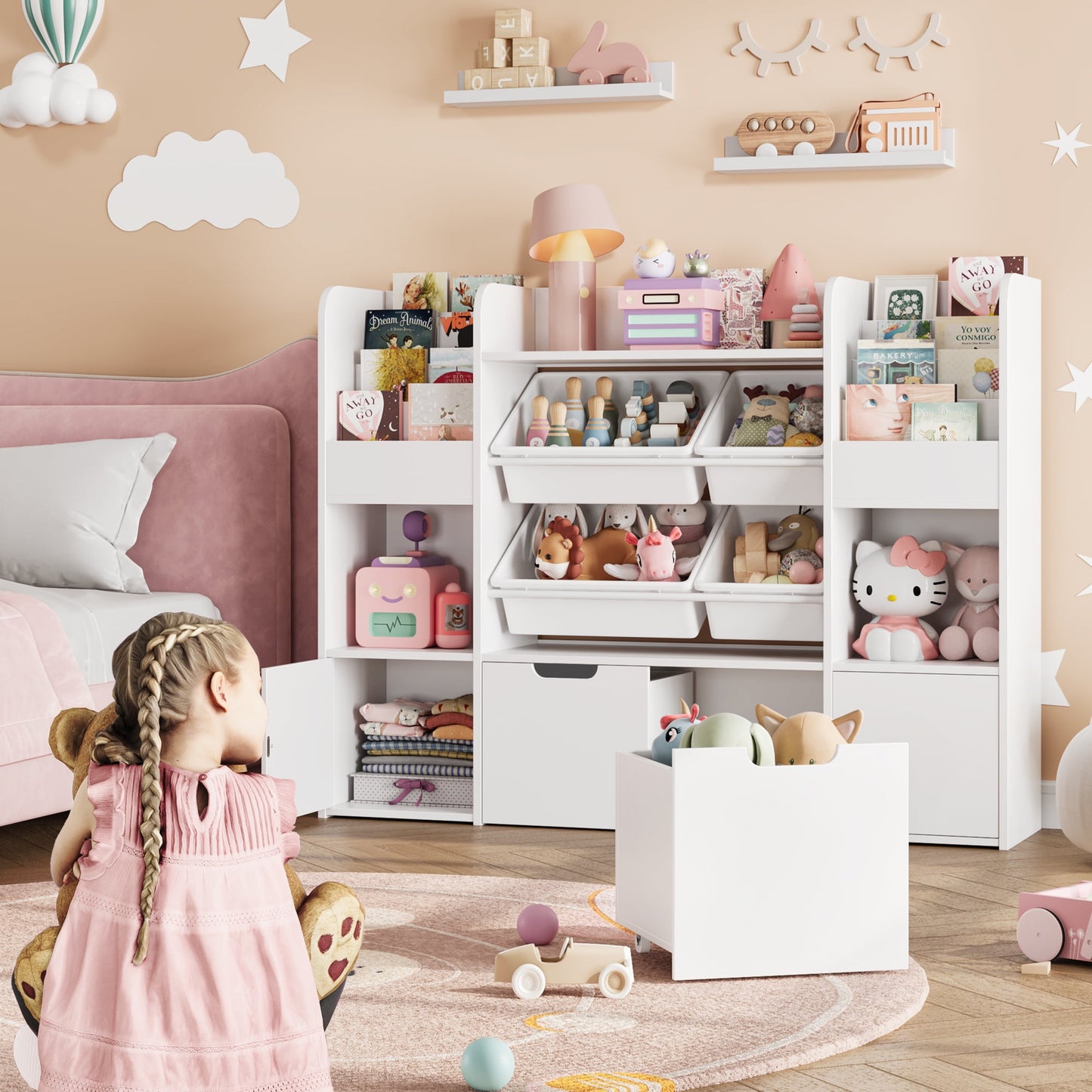 Hiphuta Kid's Toy Storage Organizer, Wood Toy Organizer of 4 Bins& 2 Removable Drawers, Children's Bookcase with Book Rack, White