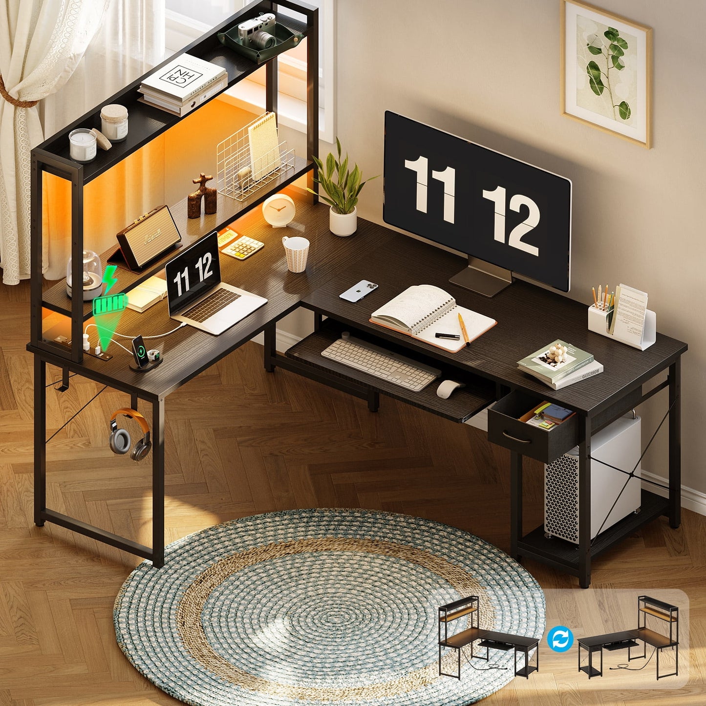 59in Reversible L-Shaped Gaming Desk with Power Outlets & LED Lights, Office Desk with Storage Drawer & Keyboard Tray for Home Office, Corner Computer Desk with Hutch, Pure Black