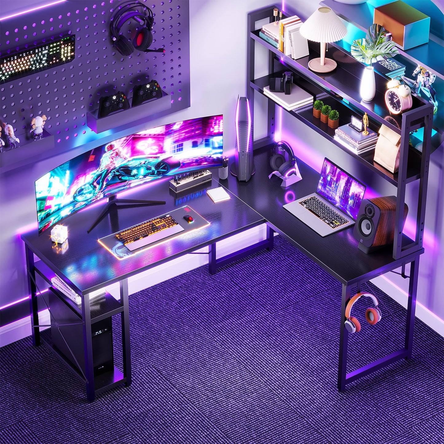 59in Reversible L-Shaped Gaming Desk with Hutch, Office Desk with Storage Shelves for Home Office, Corner Computer Desk with Headphone Hook, Black