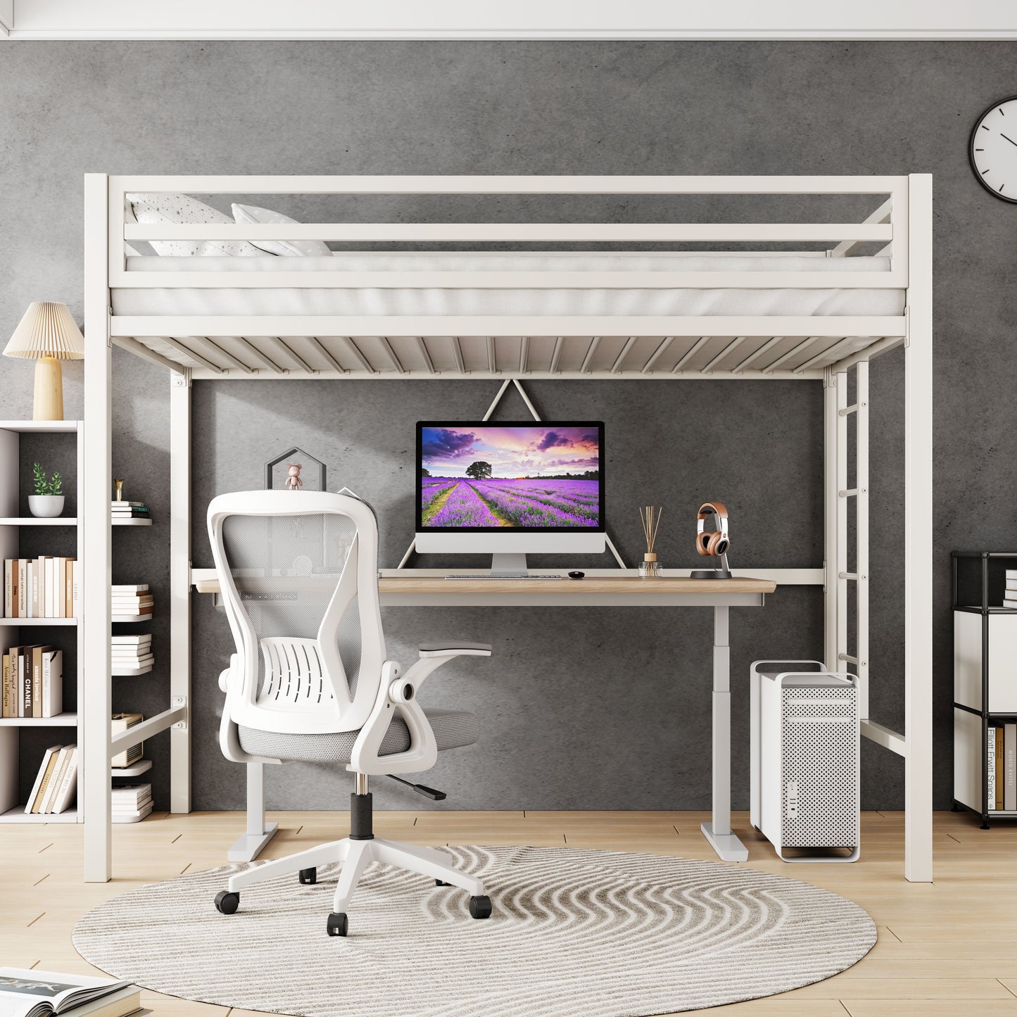 Amolife Twin Size Heavy Duty Metal Loft Bed with Removable Ladder & Full-Length Guardrail, White