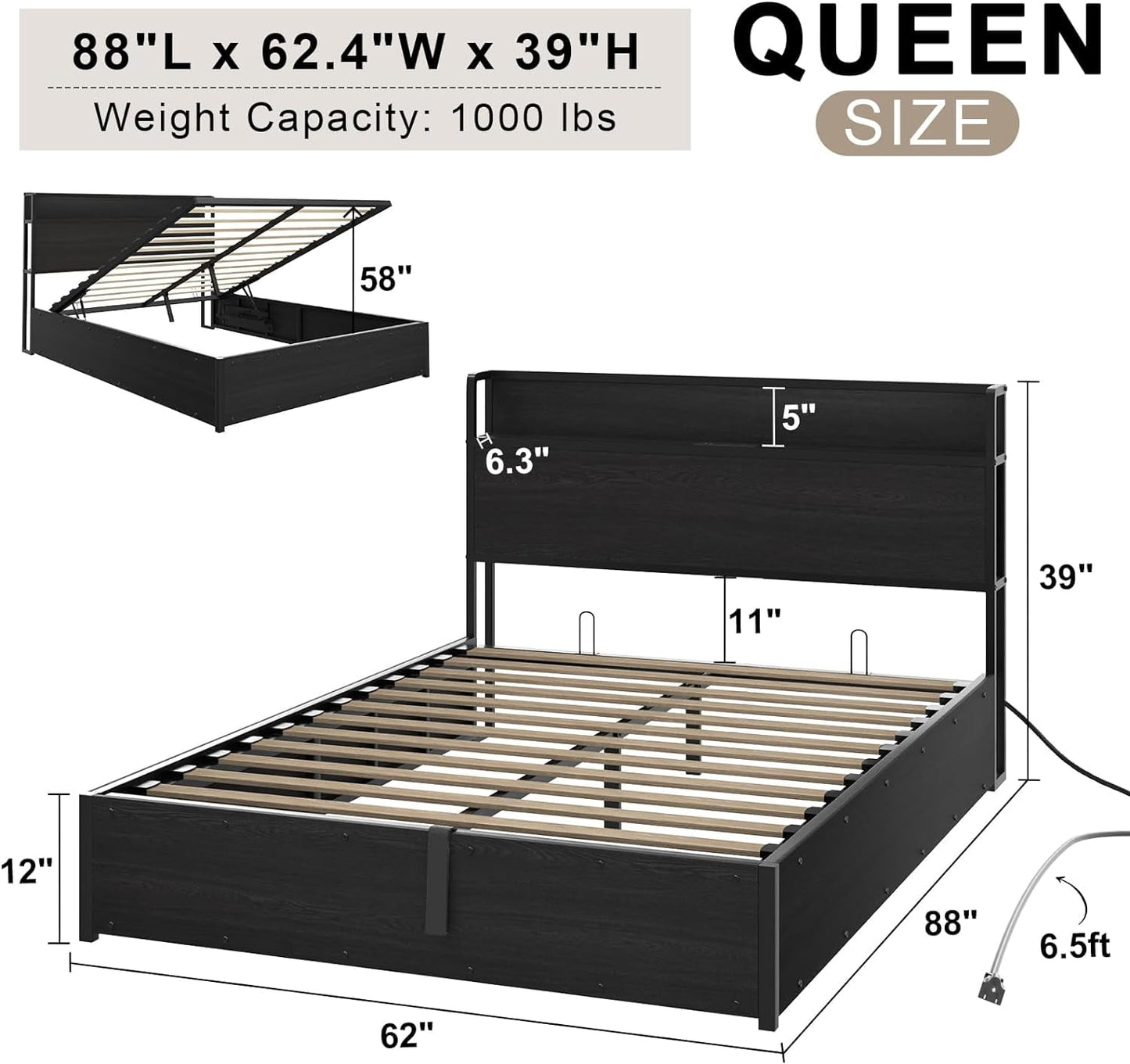AMERLIFE Queen Size Lift Up Storage Bed Frame, Wooden Platform Bed Frame with Lifting Storage & Charging Station, No Spring Box Needed/Noise Free, Black