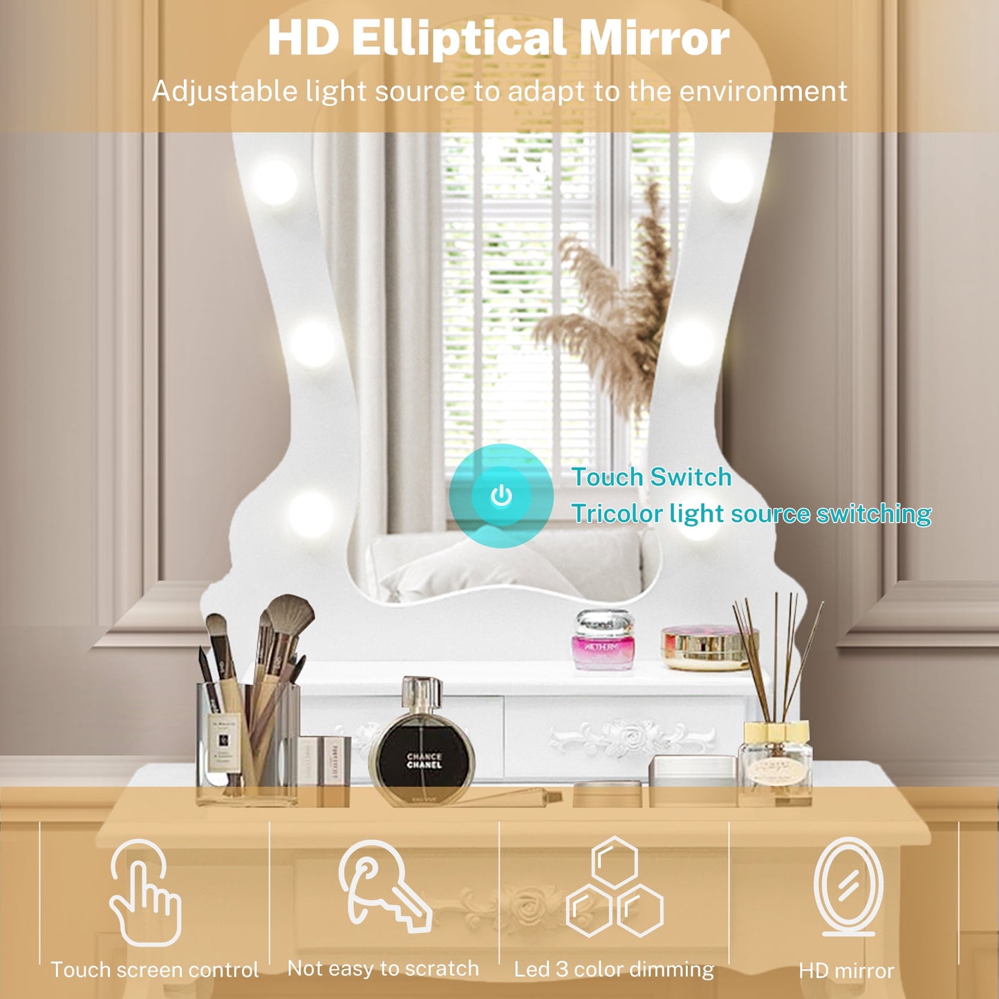 HSUNNS Modern Vanity Set, 4 Drawers Makeup Desk with Cushion Stool & Storage Shelves, Sliding Mirror, Black