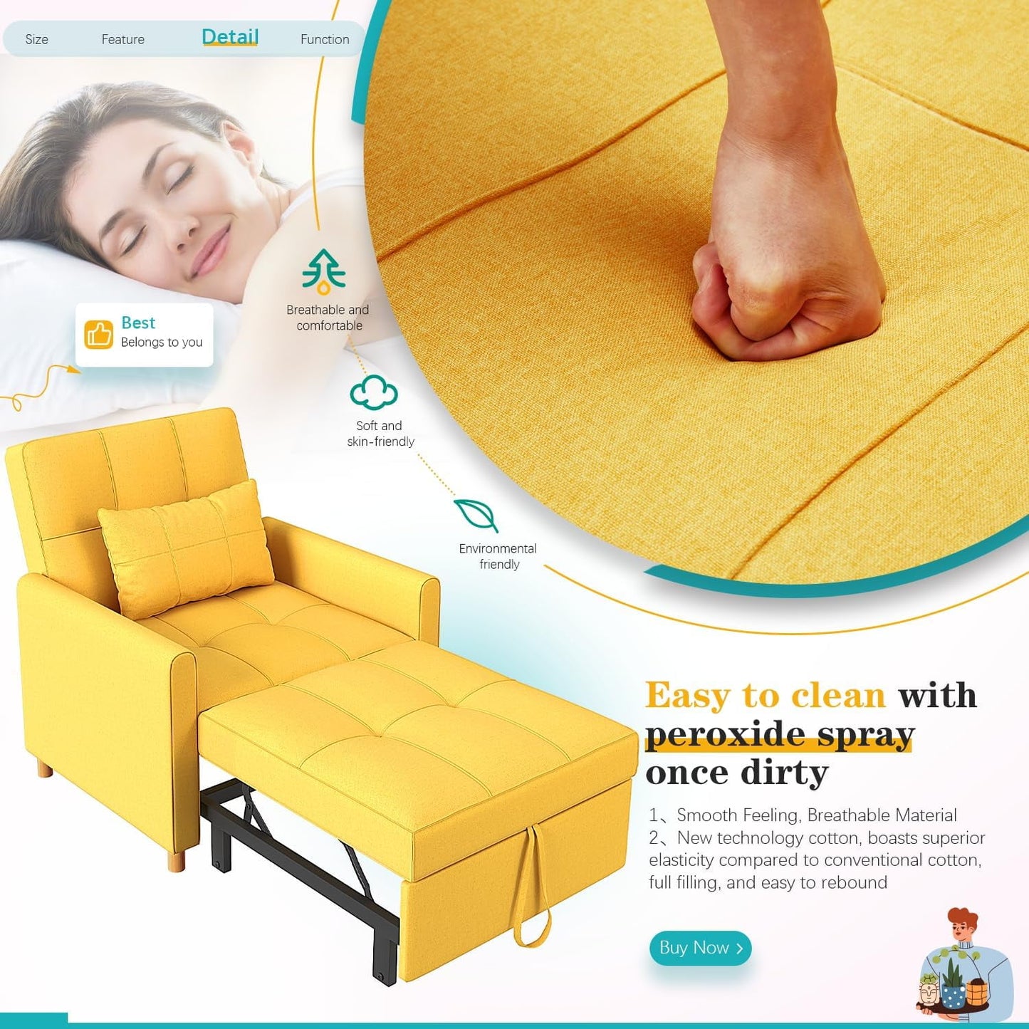AECOJOY 3-in-1 Sleeper Sofa Chair, Luminous Yellow, Foldable Indoor Lounger, Pull Out Convertible Bed