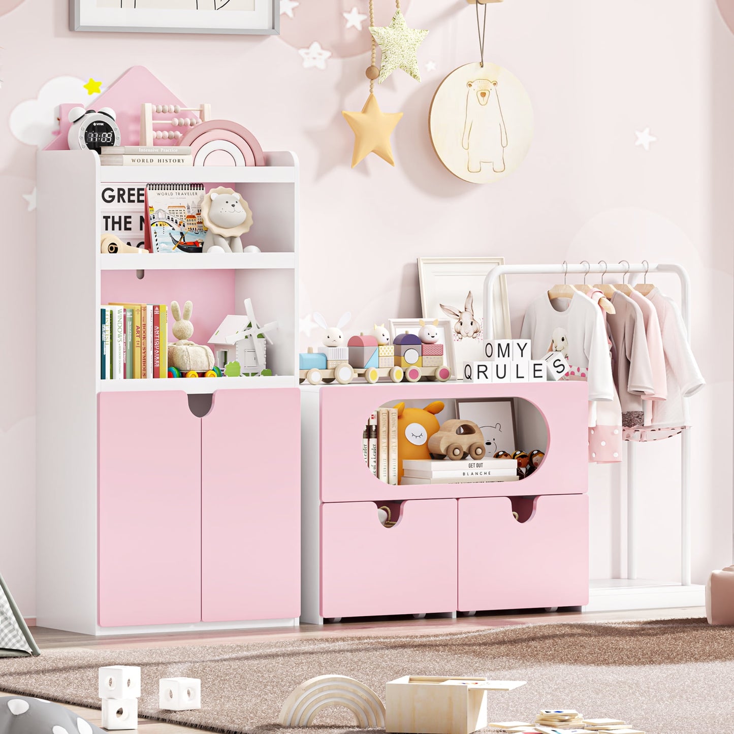 Homfa Kids Pink Bookshelf and Toys Organizer with Drawers, Combi Toy Storage with Clothes Rail for Kids Room