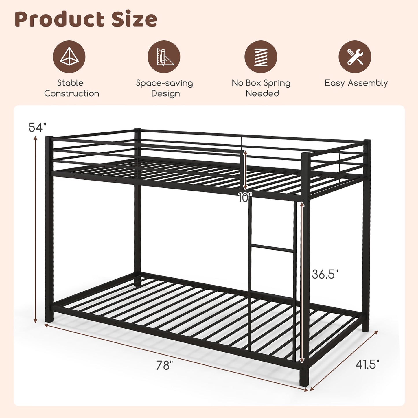 Gymax Twin Over Twin Low Metal Bunk Bed with Ladder Guardrails for Teens Adults Black