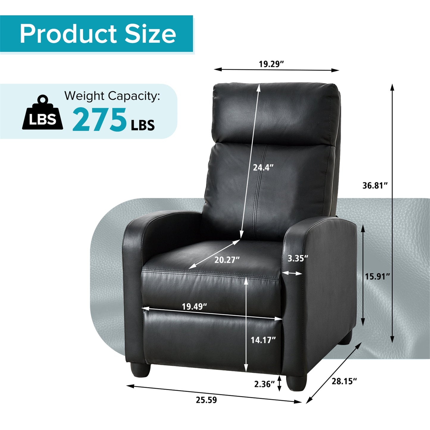 Aukfa Leather Recliner Chair with Side Storage Bag for Living Room Bedroom, Black