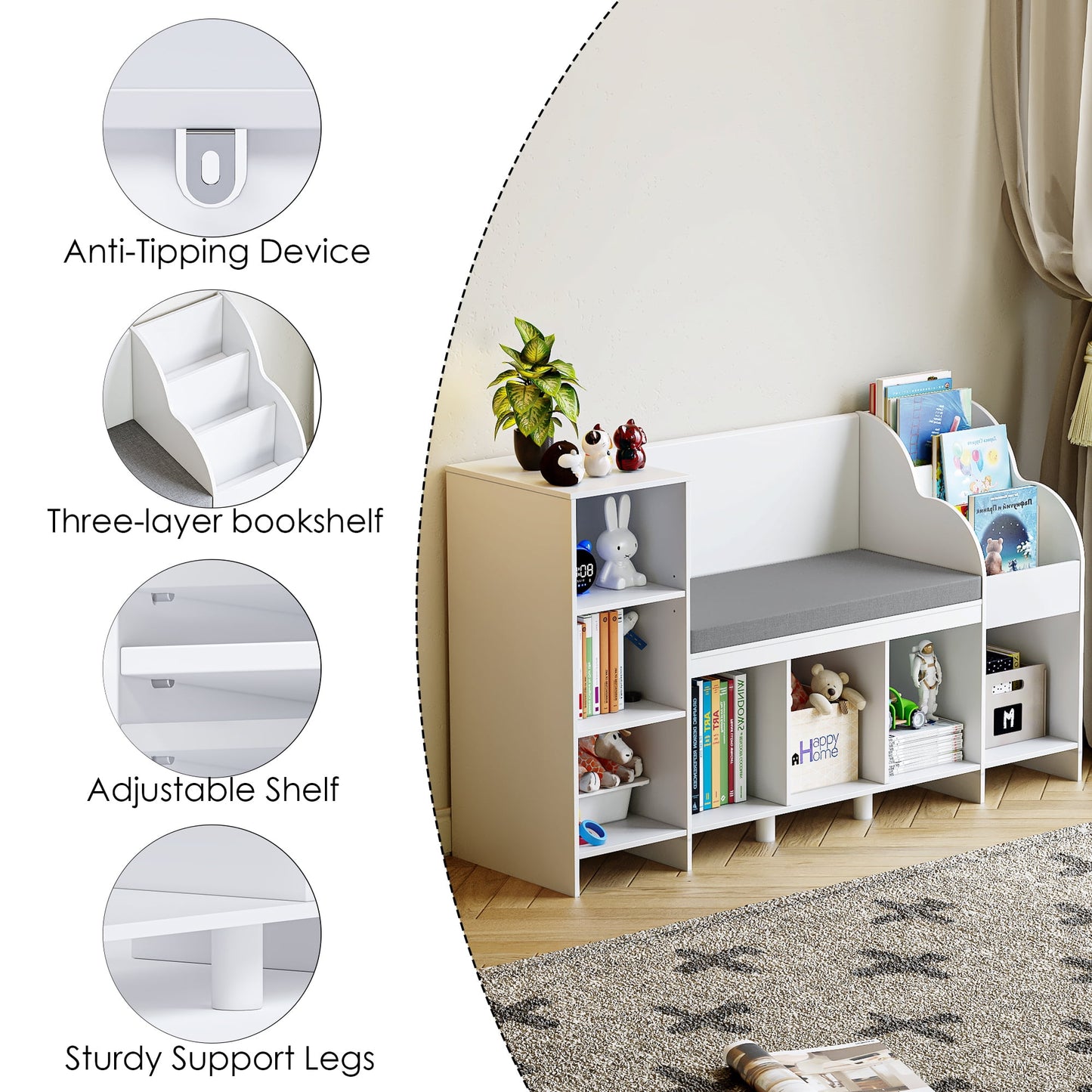 Homfa Kids Bookshelf, 7 Cube Storage, Wooden Seat Nook, Adjustable Shelves, 31.5in H x 54.5in W, White