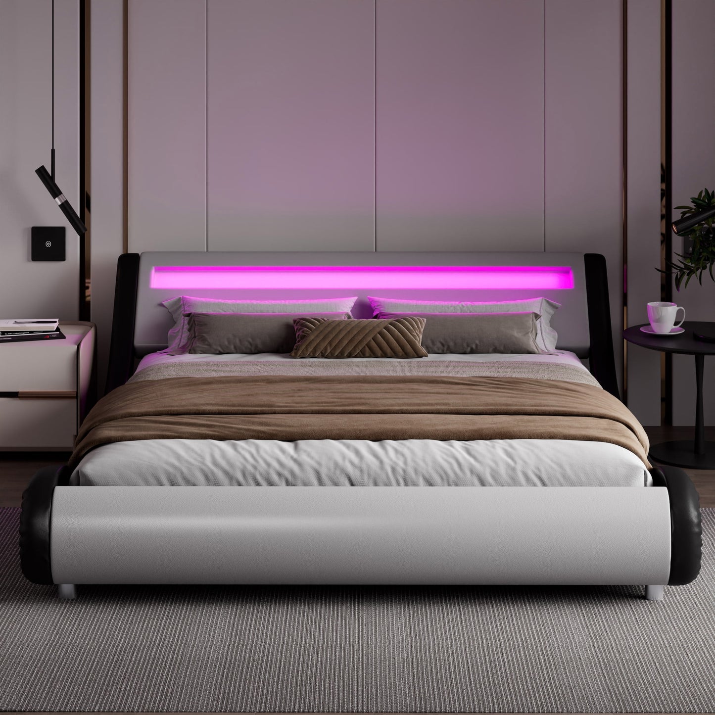 Amolife King Size Wave-like Curve Deluxe Upholstered Modern Bed Frame with LED Headboard, Black+White