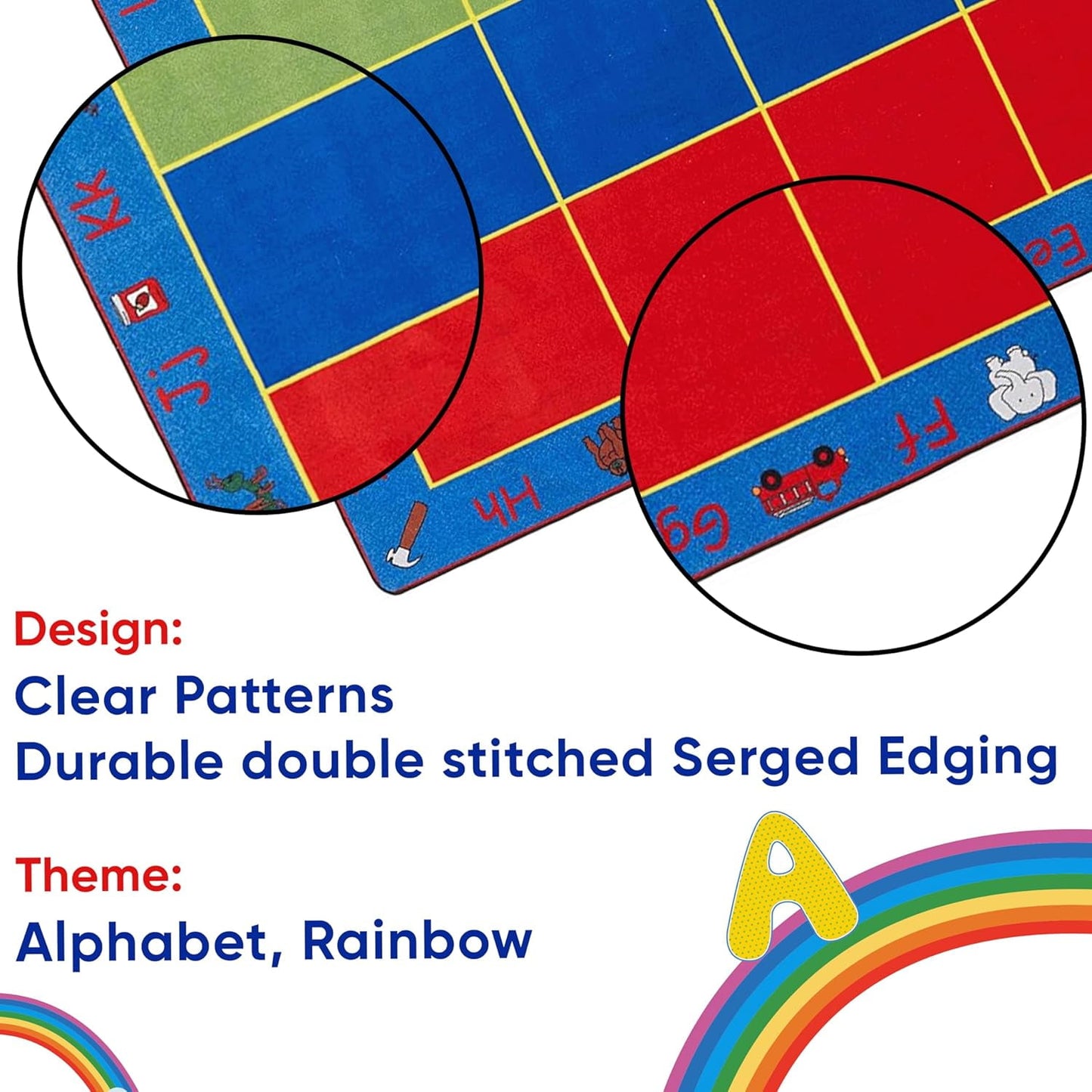 ABC Rainbow Seating Classroom Rug with 24 Seats 7'6in x 12' Rectangle ¨C Kids Educational Learning Rug for Preschool, Kindergarten, and Elementary School