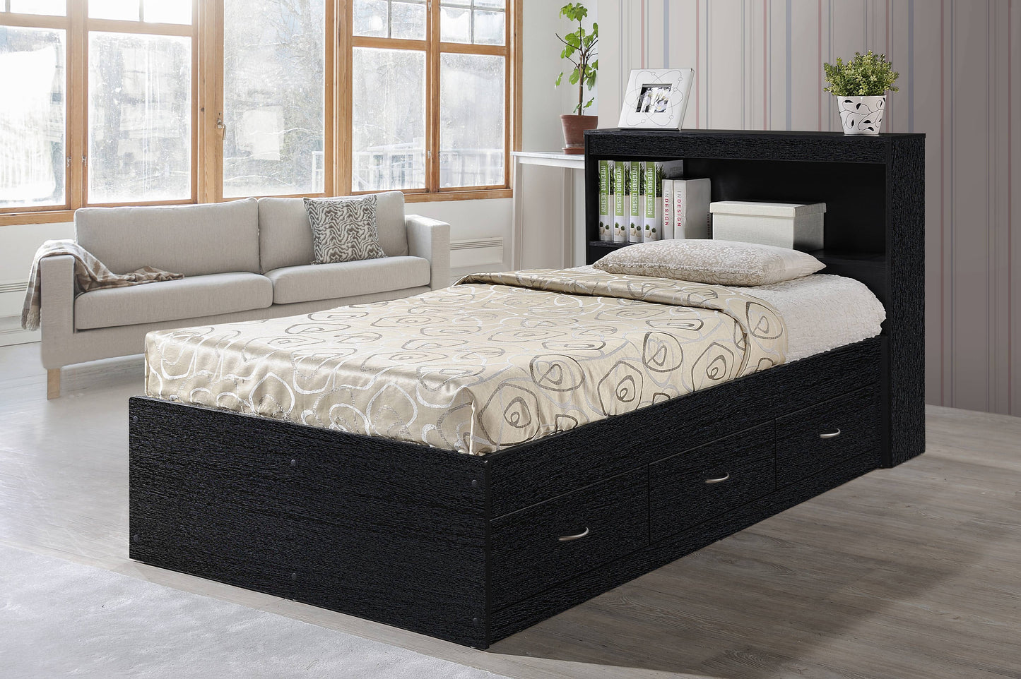 Hodedah Twin-Size Captain Bed with 3-Drawers and Headboard in Black