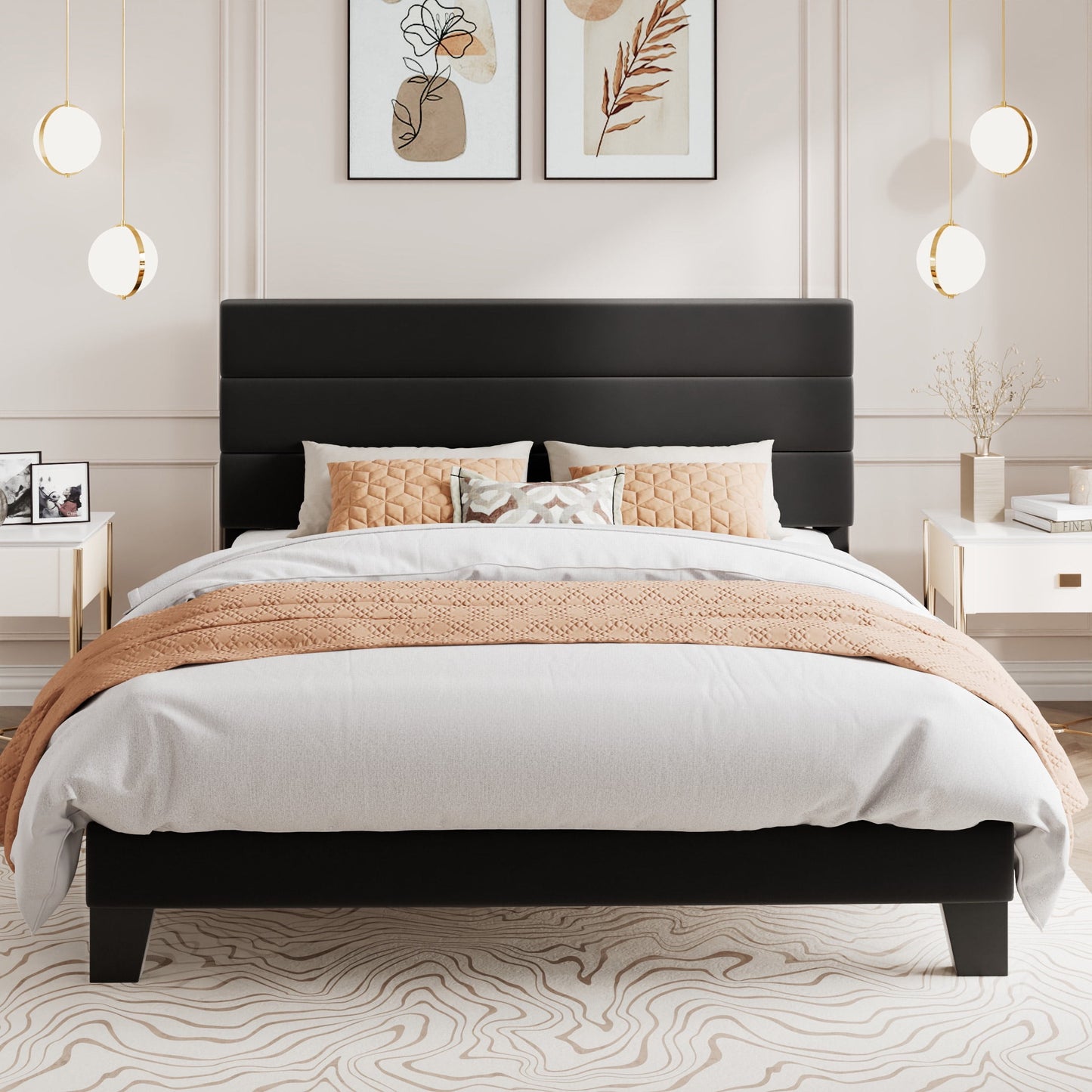 Amolife Platform Queen Size Bed Frame with Velvet Upholstered Headboard, No Box Spring Needed, Strong Wooden Slats, Black