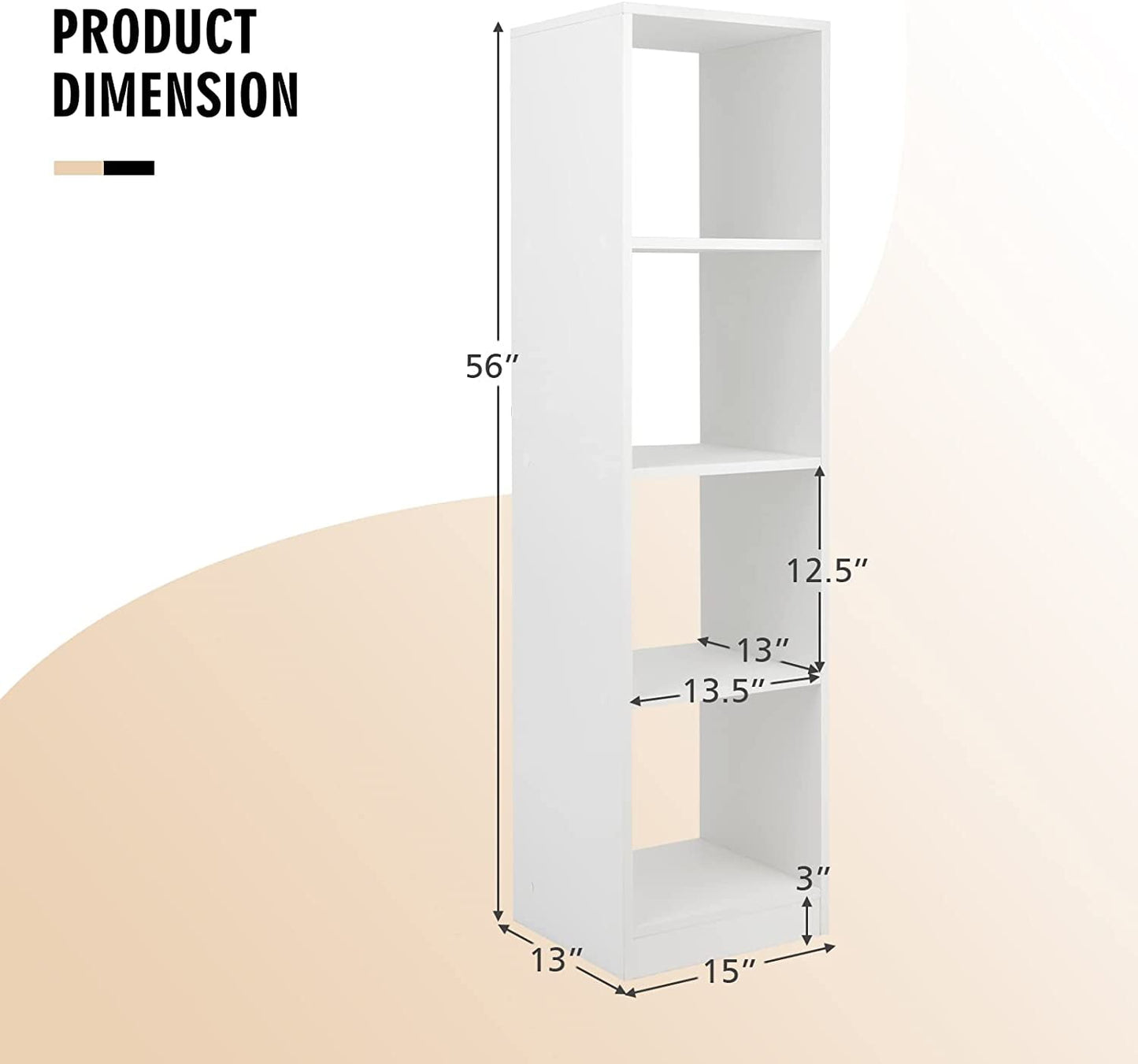 HOMEZY 56in Tall 4 Cube Bookcase White - Freestanding 15in Wide 5-Tier Narrow Open Display Bookshelf with 4 Anti-Tipping Kits, Wooden Cube Storage Organizer for Small Place, Living Room, Bedroom