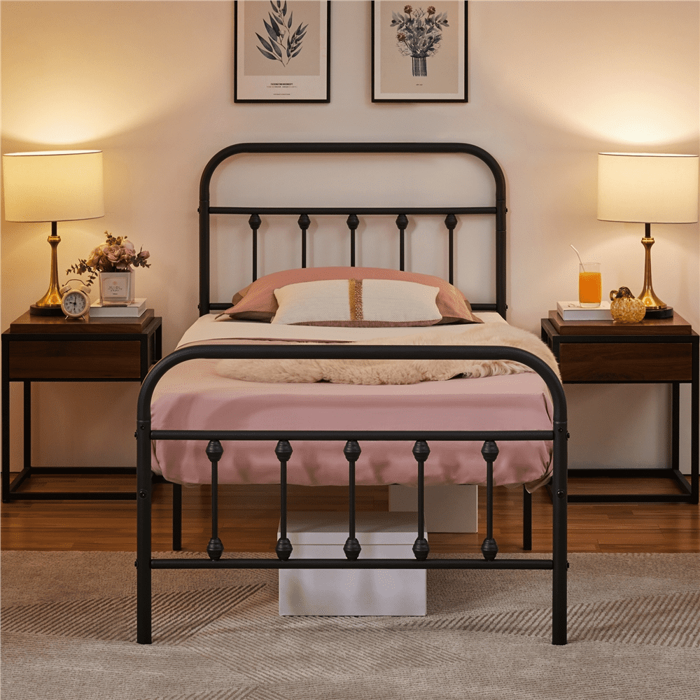Alden Design Metal Platform Twin XL Bed with High Headboard, Black