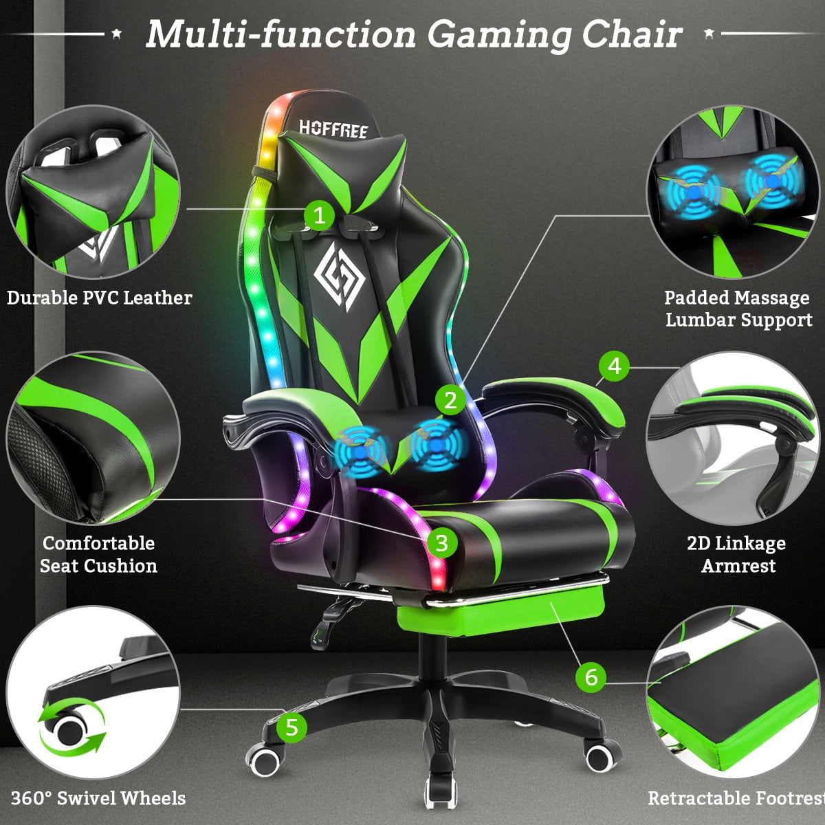 HOFFREE Gaming Chair with Massage and LED RGB Lights Ergonomic Computer Chair with Footrest High Back Video Game Chair with Adjustable Lumbar Support Linkage Armrest for Home Office