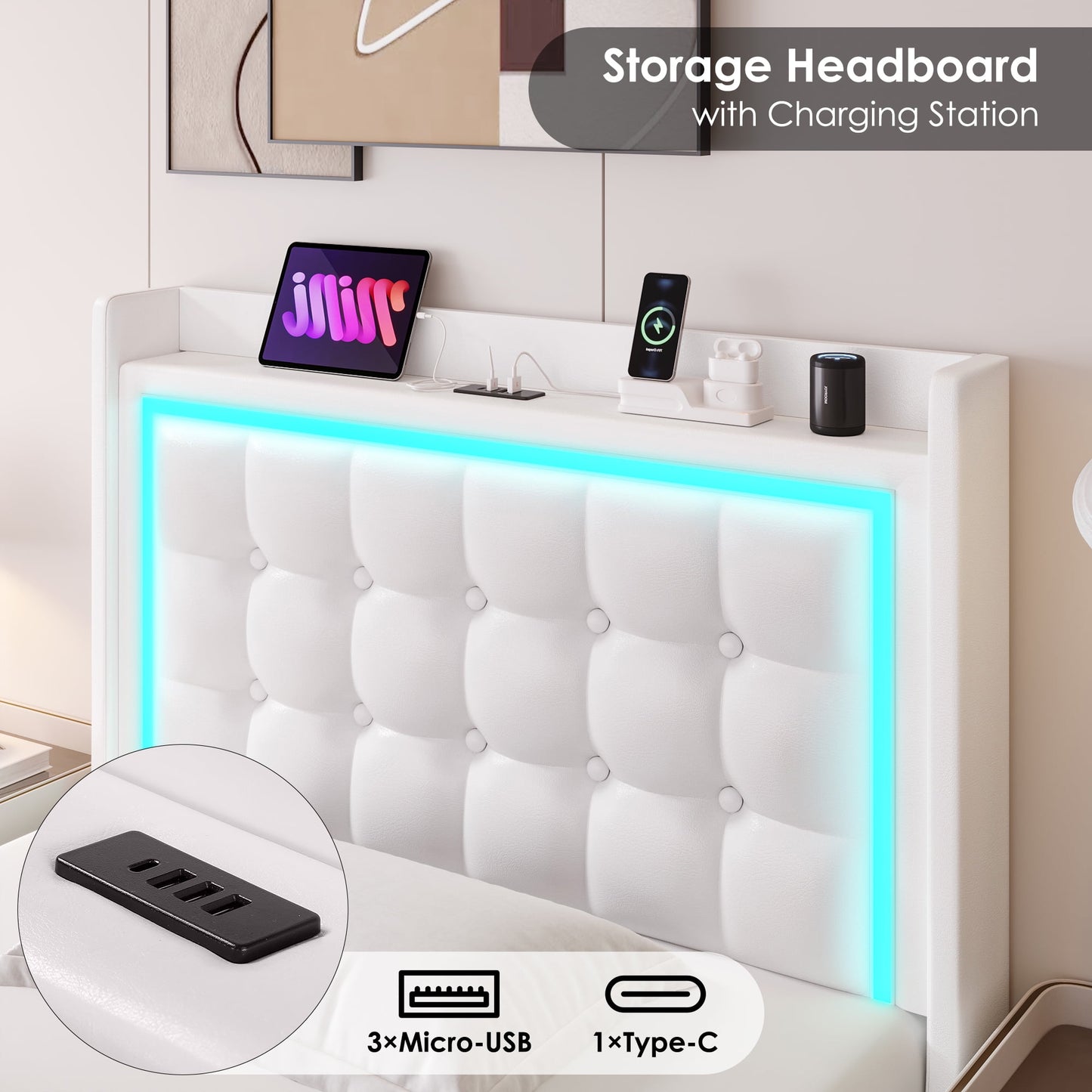 Homfa Twin Size Floating Bed with LED Lights & Charging Station, Modern PU Upholstered Platform Bed Frame Bed with Storage Headboard, White