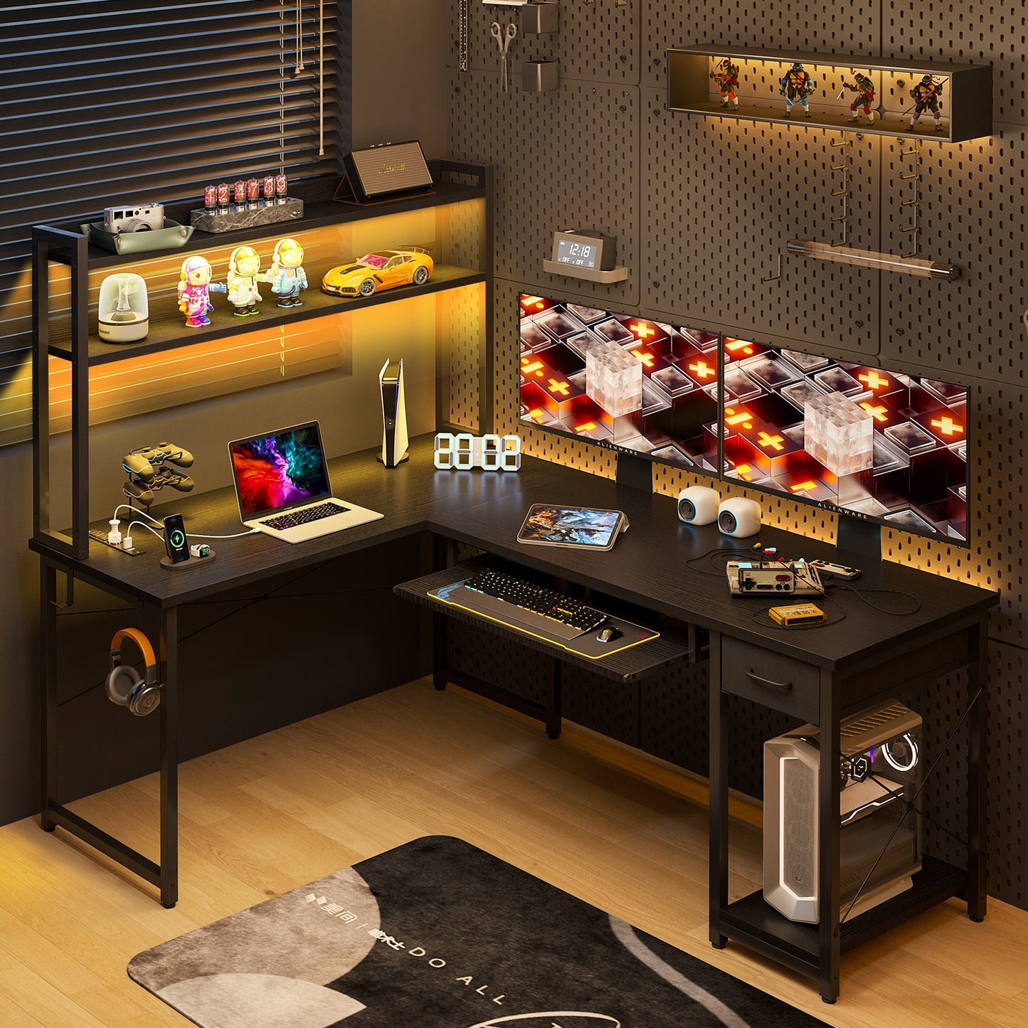 59in Reversible L-Shaped Gaming Desk with Power Outlets & LED Lights, Office Desk with Storage Drawer & Keyboard Tray for Home Office, Corner Computer Desk with Hutch, Pure Black