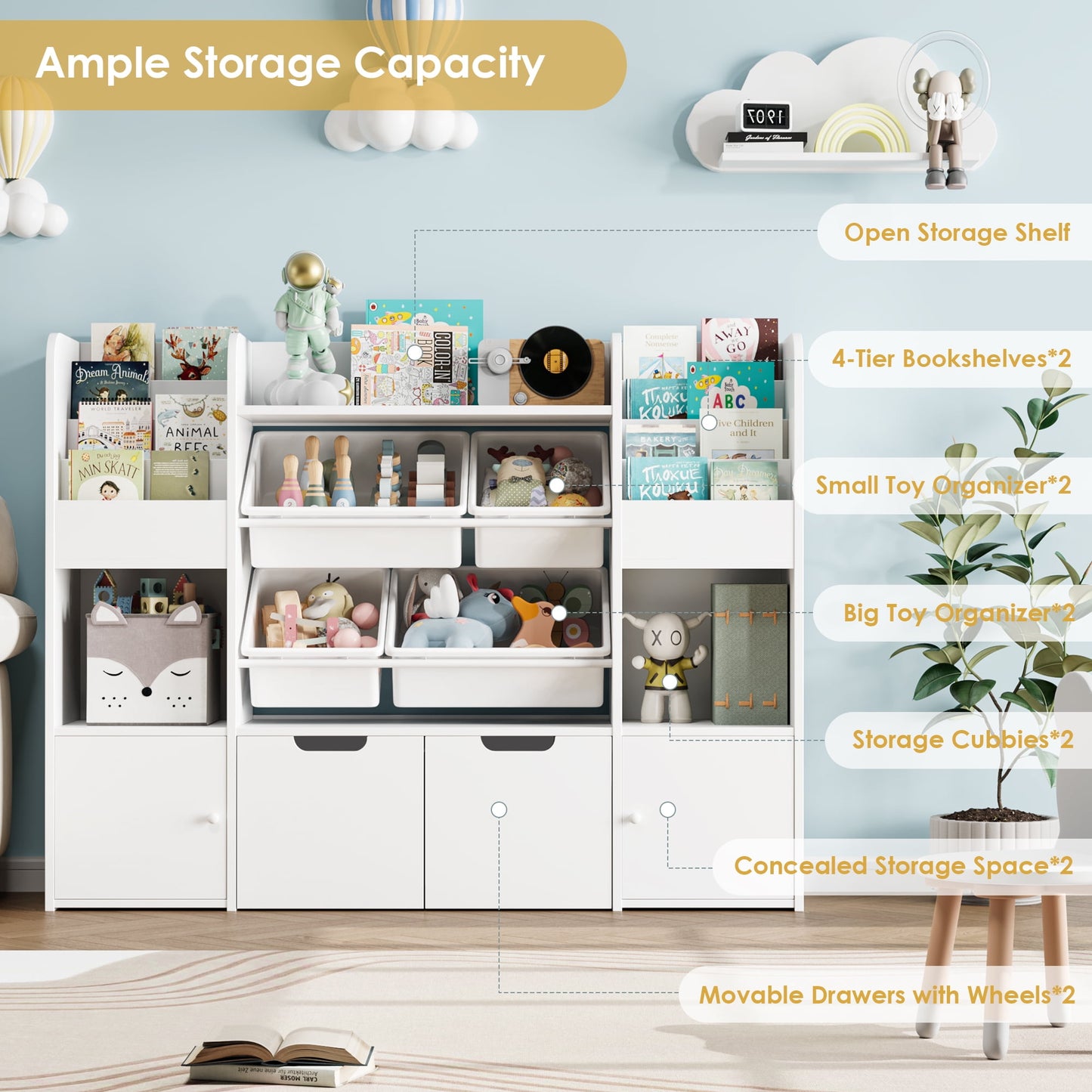 Hiphuta Kid's Toy Storage Organizer, Wood Toy Organizer of 4 Bins& 2 Removable Drawers, Children's Bookcase with Book Rack, White