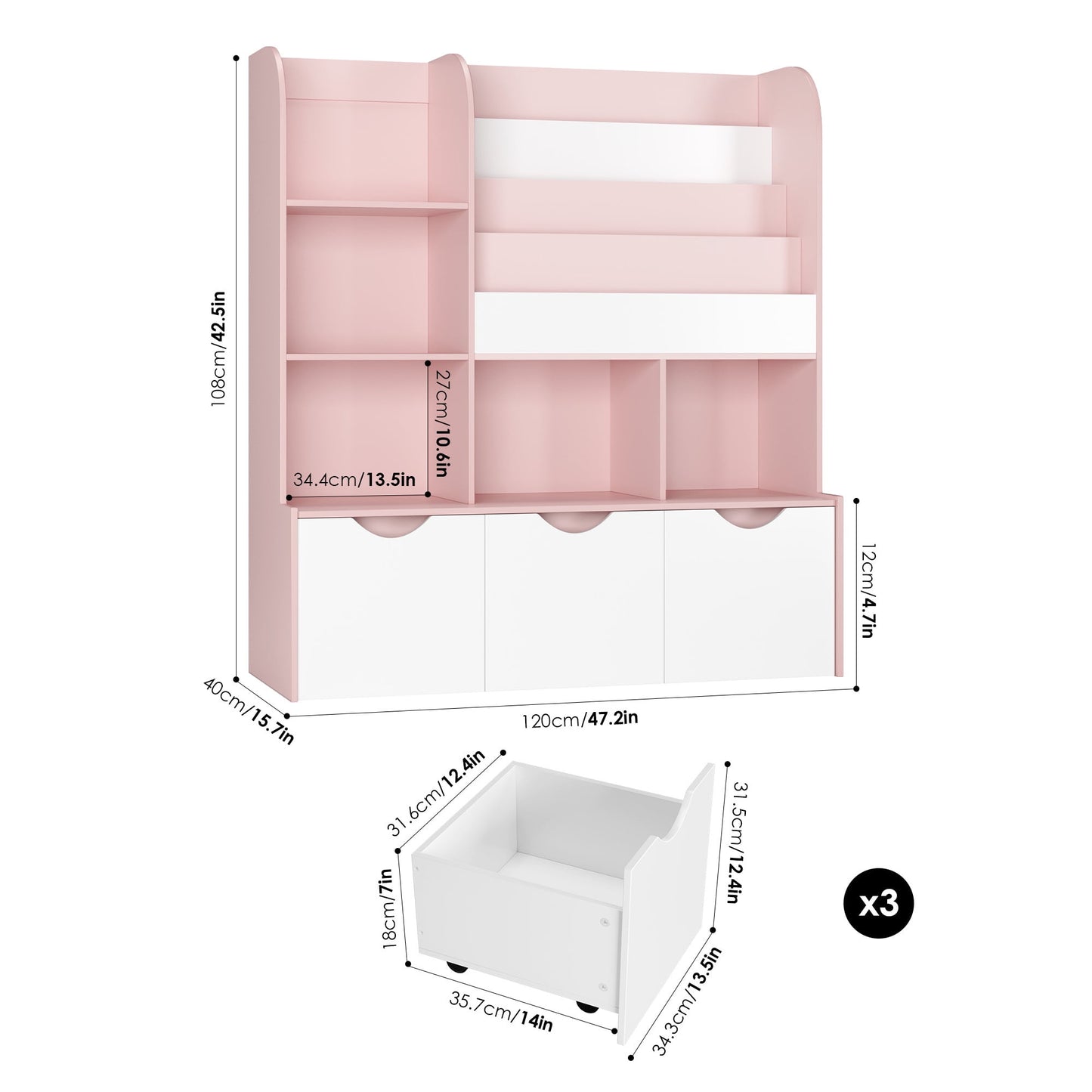Homfa Kid's Large Bookshelf with 3 Movable Drawers, 5-Cube Bookcase with 4-Tier Display Stand, Toy Storage Organizer for Bedroom Playroom, White Pink