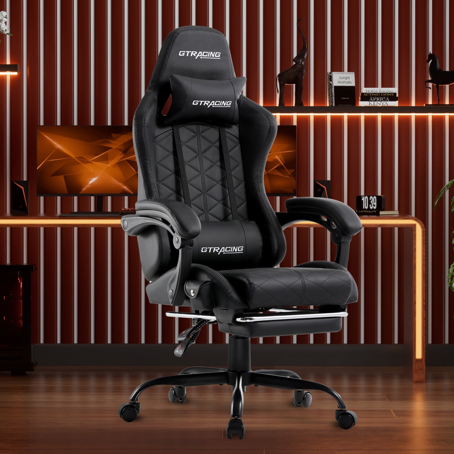 GTRACING GTW-100: Ultimate Reclining Gaming Chair with Bluetooth Sound, Adjustable Pillows, and Footrest, Black