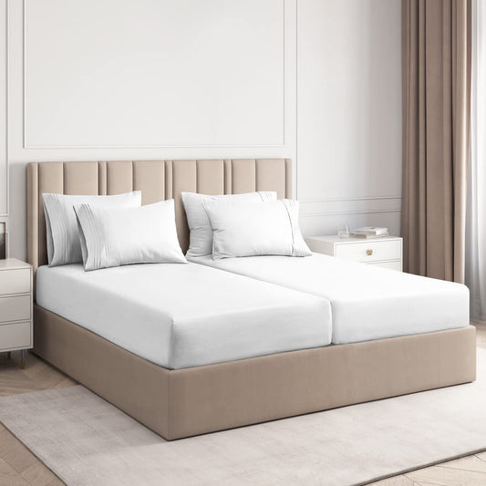700 Thread Count 5 Piece Split California King Sheets Sets Set ( 2- Twin XL Fitted Sheets 1-Flat sheet and 2-Pillow covers ) with 24in deep pocket for Adjustable Bed Color White Solid