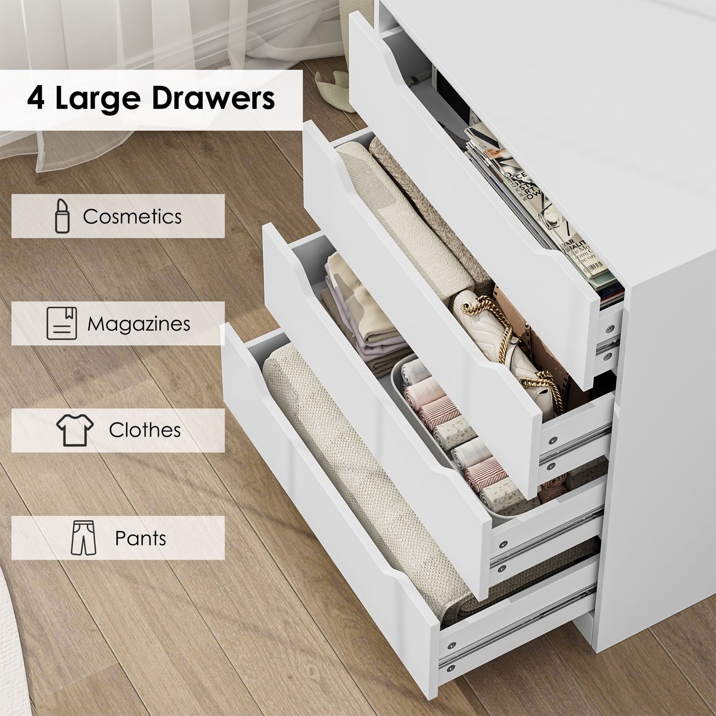 Homfa Dresser of 4 Drawers with Flip Top, Compact Nightstand Dresser Chest with Side Storage for Bedroom Living Room, White