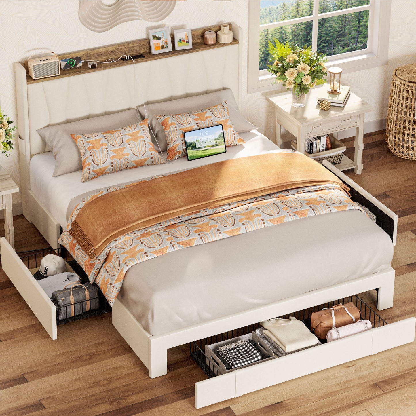 ANCTOR Queen Bed Frame with Upholstered Storage Headboard for Adult, 3 Drawers, Charging Station