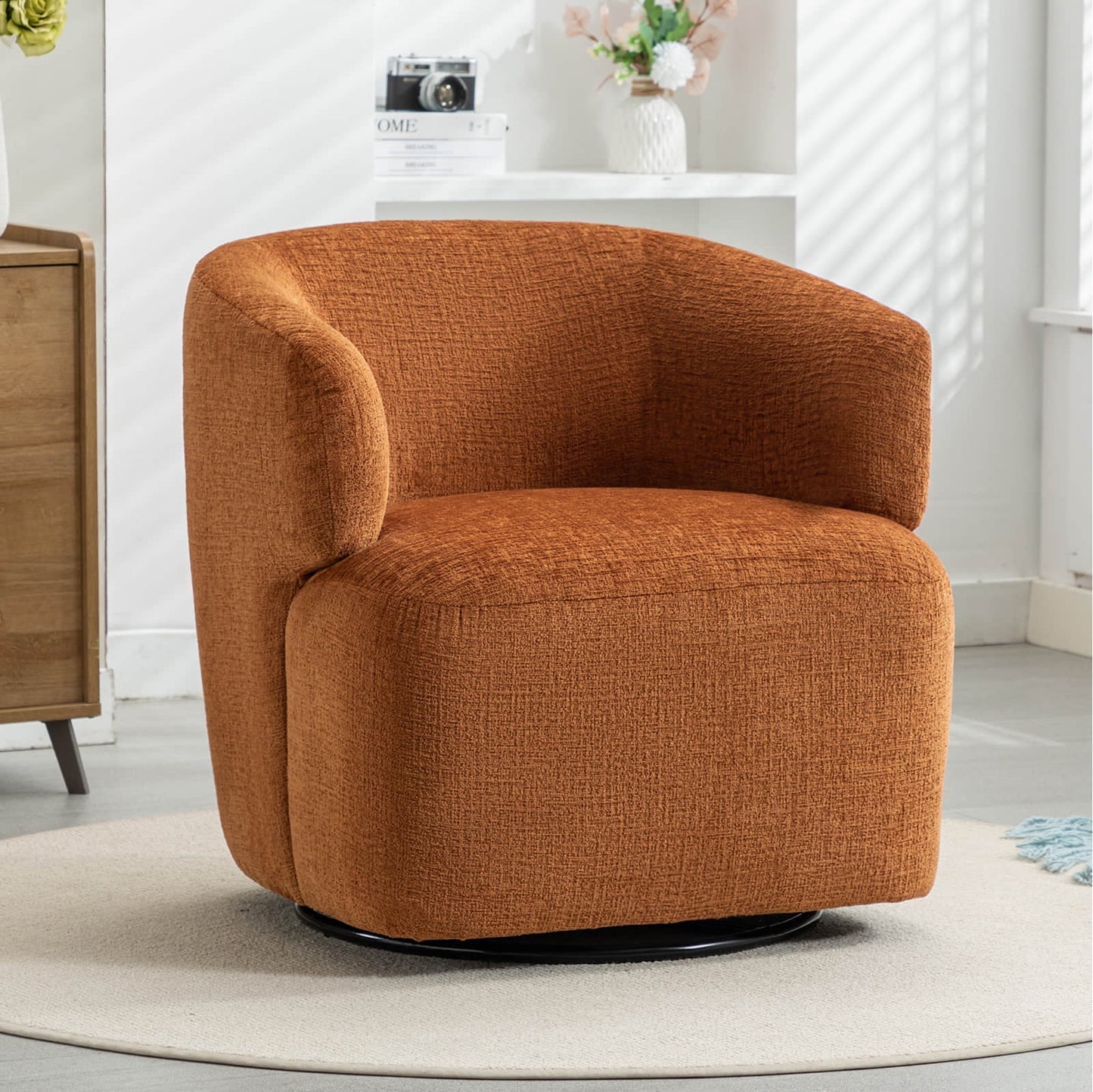 30in Wide Chenille Upholstered Swivel Accent Chair Boucle Swivel Barrel Chair