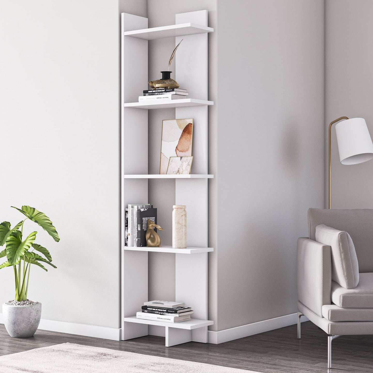 Alice 67in 5-Shelf Corner Bookcase White