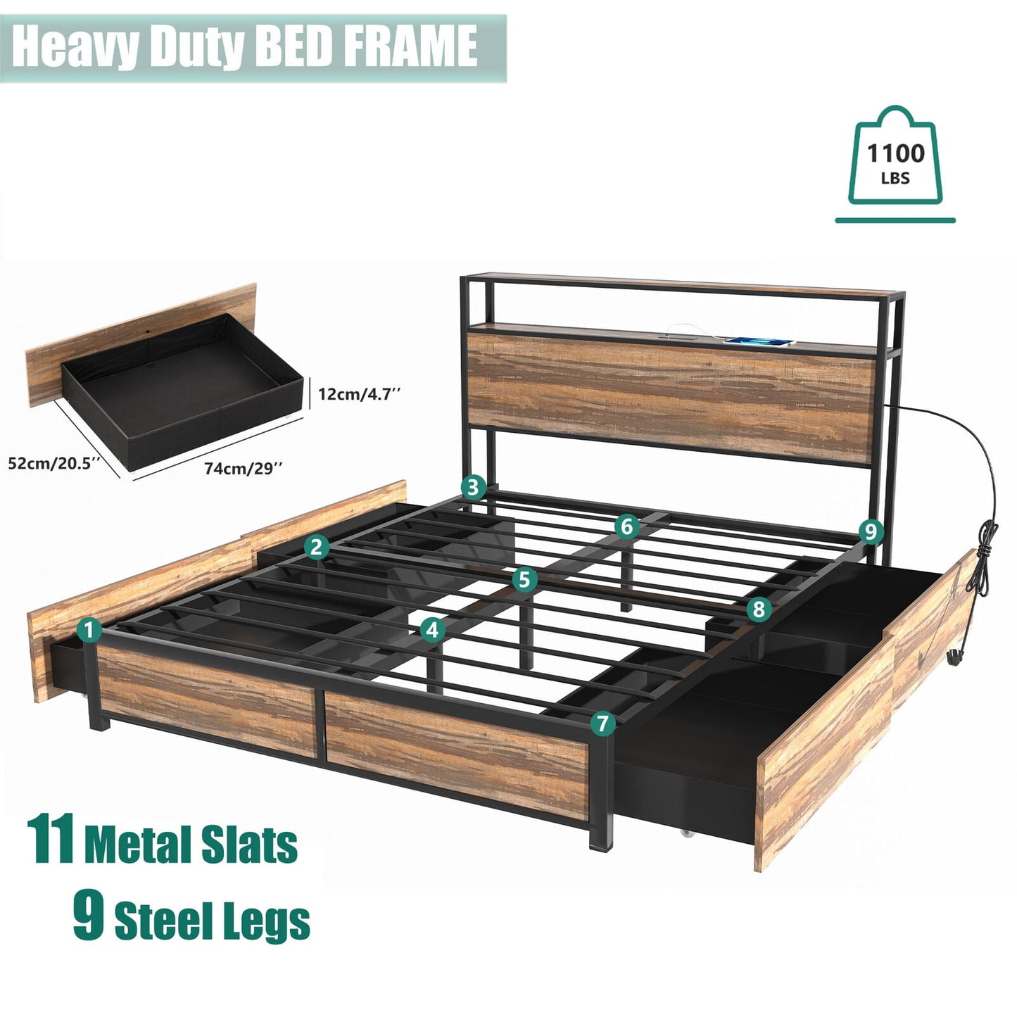 LED Bed Frame with Charging Station, Adjustable Size, Multi-Color Lights & Ample Storage