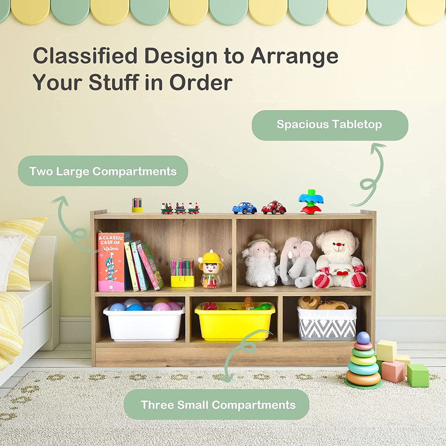 HONEY JOY Kids Toy Storage Organizer, 5-Section Storage Daycare Shelf for Preschool, Children 2-Tier Open Wooden Display Book Shelf Organizer for Classroom, Playroom & Nursery, Kindergarten(Dark Gray)