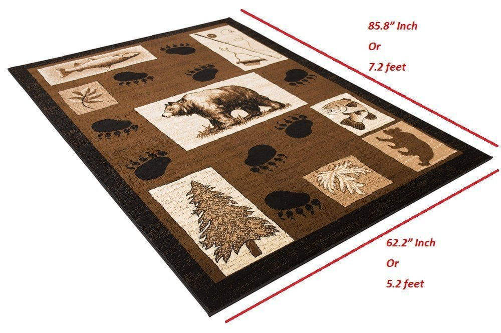 Handcraft Rugs Cabin Rug Lodge, Cabin Nature and Animals Area Rug Modern Geometric Design Cabin Area Rug Abstract, Chocolate/BeigeBear/Footprint/Trees/Fishing Equipment 5x7 feet