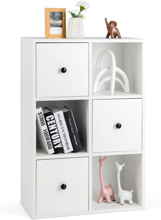 6 Cube Bookcase with Drawers, 3-Tier Modern Wood Bookshelf with Anti-toppling Device, Multipurpose 6 Cube Storage Organizer for Kids Room, Living Room, Study, Bedroom (White)