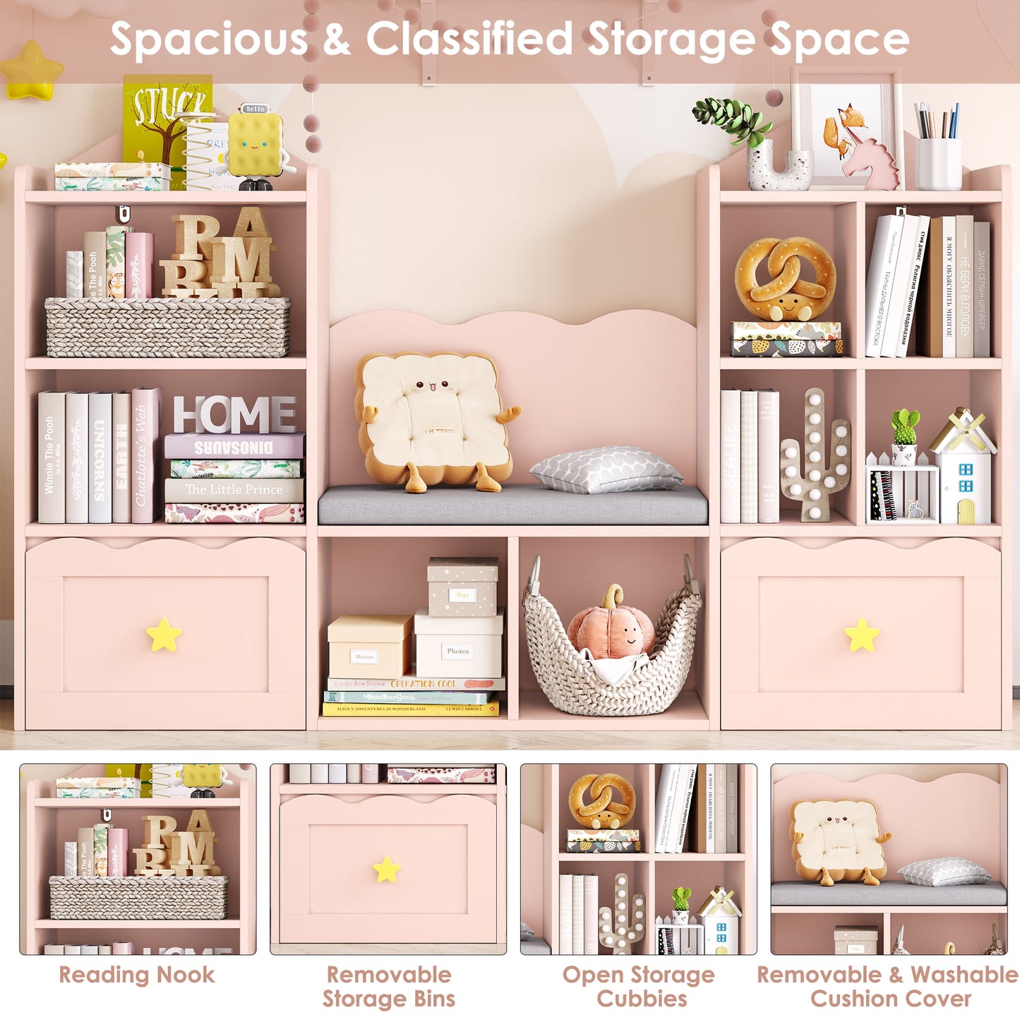 Homfa Kids Bookshelf with Reading Nook, Kids Storage Cabinet with 8 Cubby, 2 Wood Toy Bin for Nursery Kids Room, Pink
