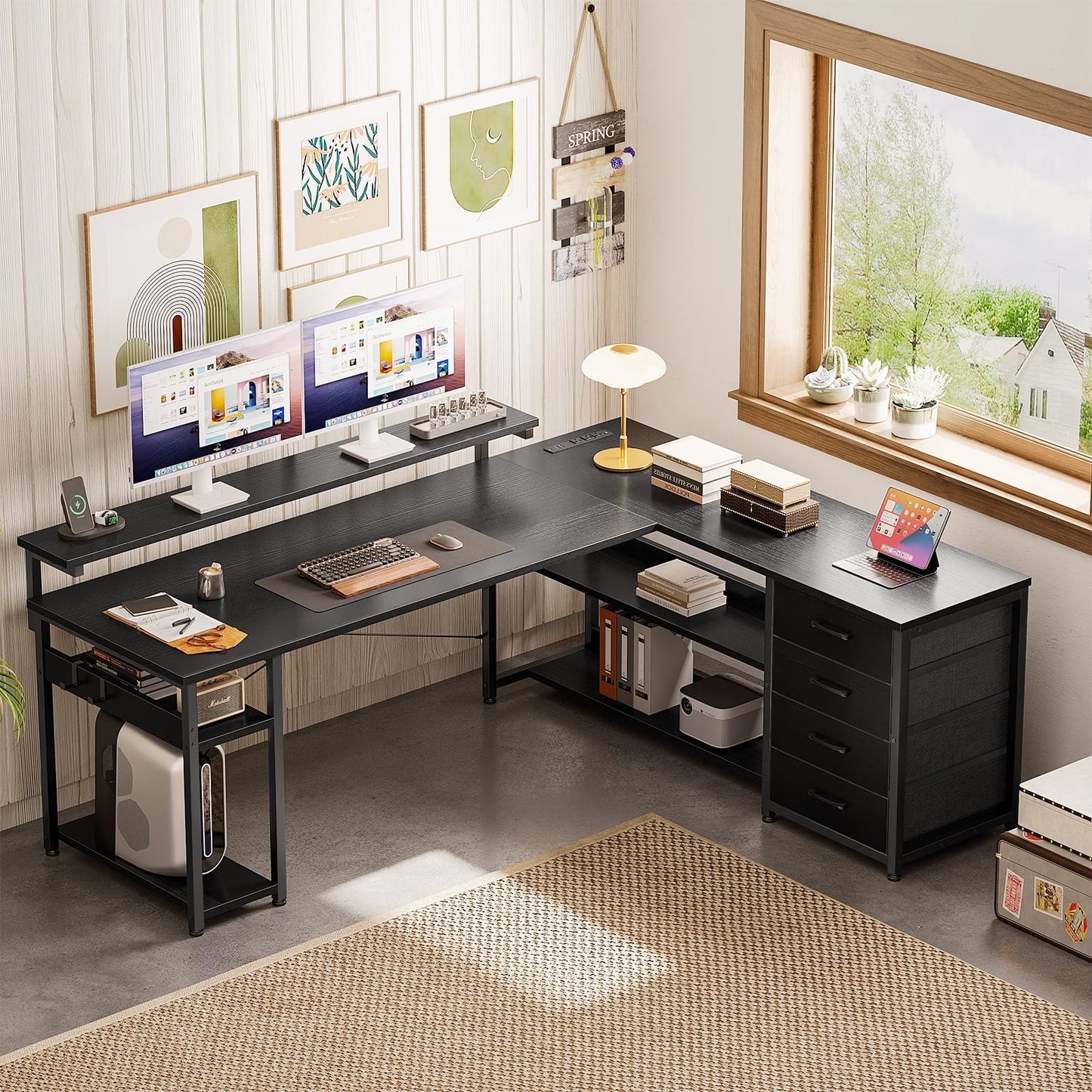 61 inch L Shaped Gaming Desk with LED Lights & Power Outlets, Corner Desk with Drawers, Computer Desk with Adjustable Heights Monitor Stand, Gaming Table with Hooks, Black