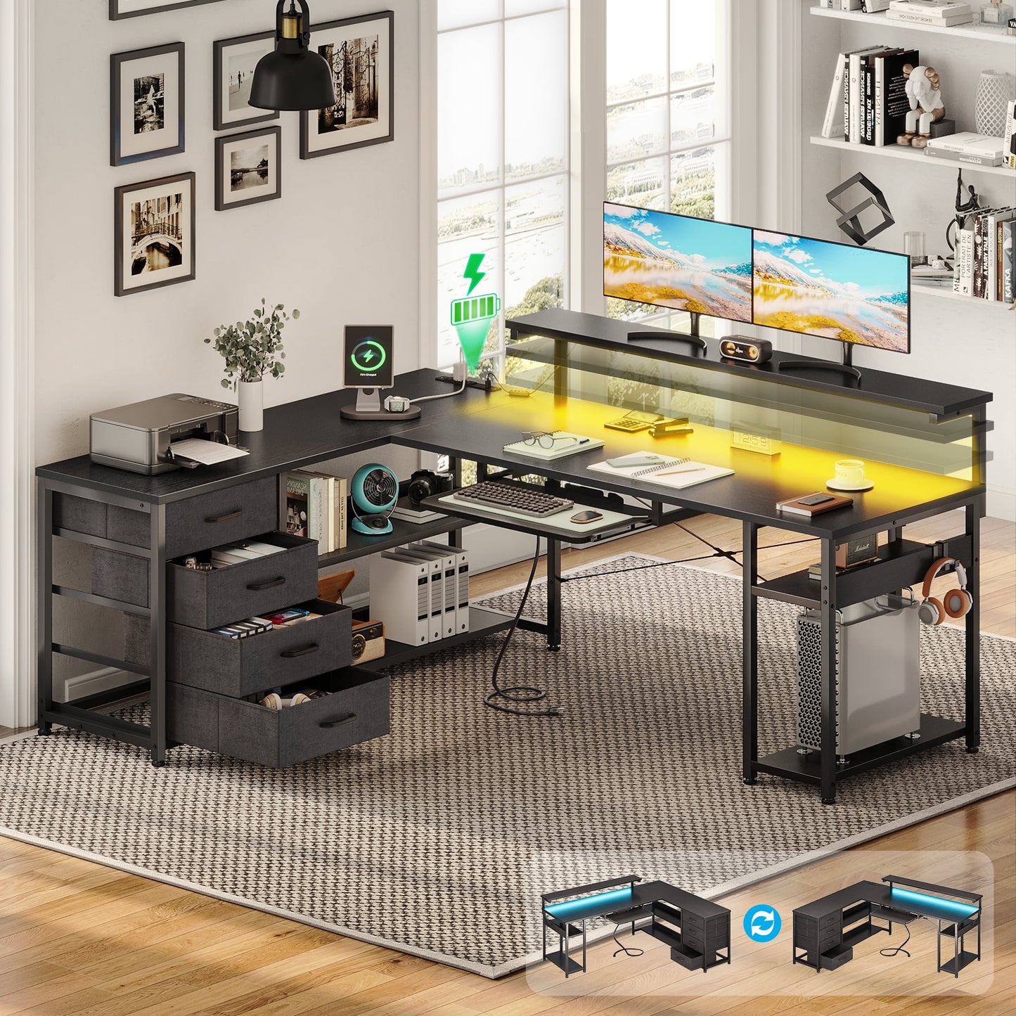 KKL 61 inch L Shaped Gaming Desk with 4 Drawers & Power Outlets, Home Office Desk with Adjustable Heights Monitor Stand & Keyboard Tray, Computer Desk with LED Light, Pure Black