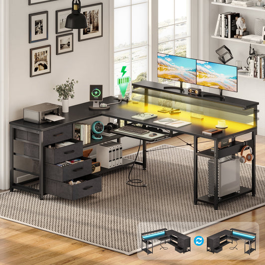 KKL 61 inch L Shaped Gaming Desk with 4 Drawers & Power Outlets, Home Office Desk with Adjustable Heights Monitor Stand & Keyboard Tray, Computer Desk with LED Light, Pure Black