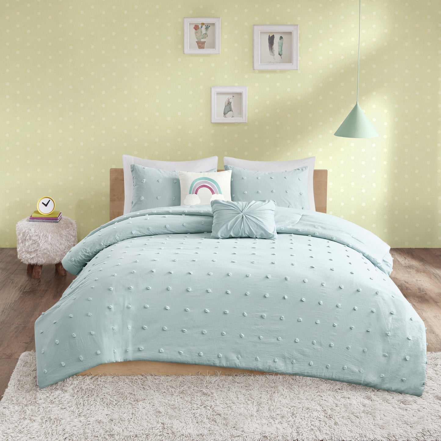Home Essence Kelsey Cotton Jacquard Pom Pom Aqua 4 Piece Comforter Set, Twin