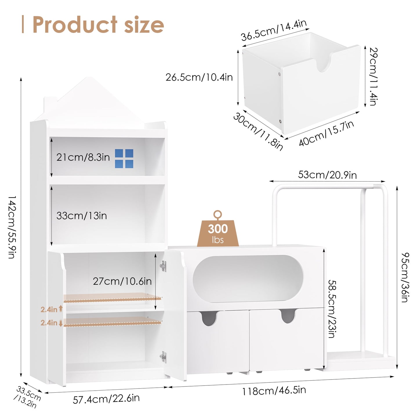 Homfa Kids White Bookshelf and Toys Organizer with Drawers, Combi Toy Storage with Clothes Rail for Kids Room