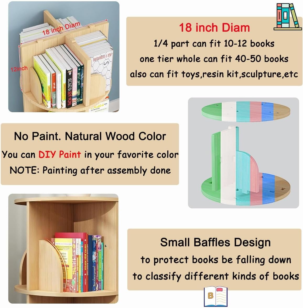 4 Tier Rotating Bookshelf with Legs, Floor Standing Bookshelf Stackable Bookshelf Wood Bookcase Storage 360 Display Book Shelf for Living Room Bedroom