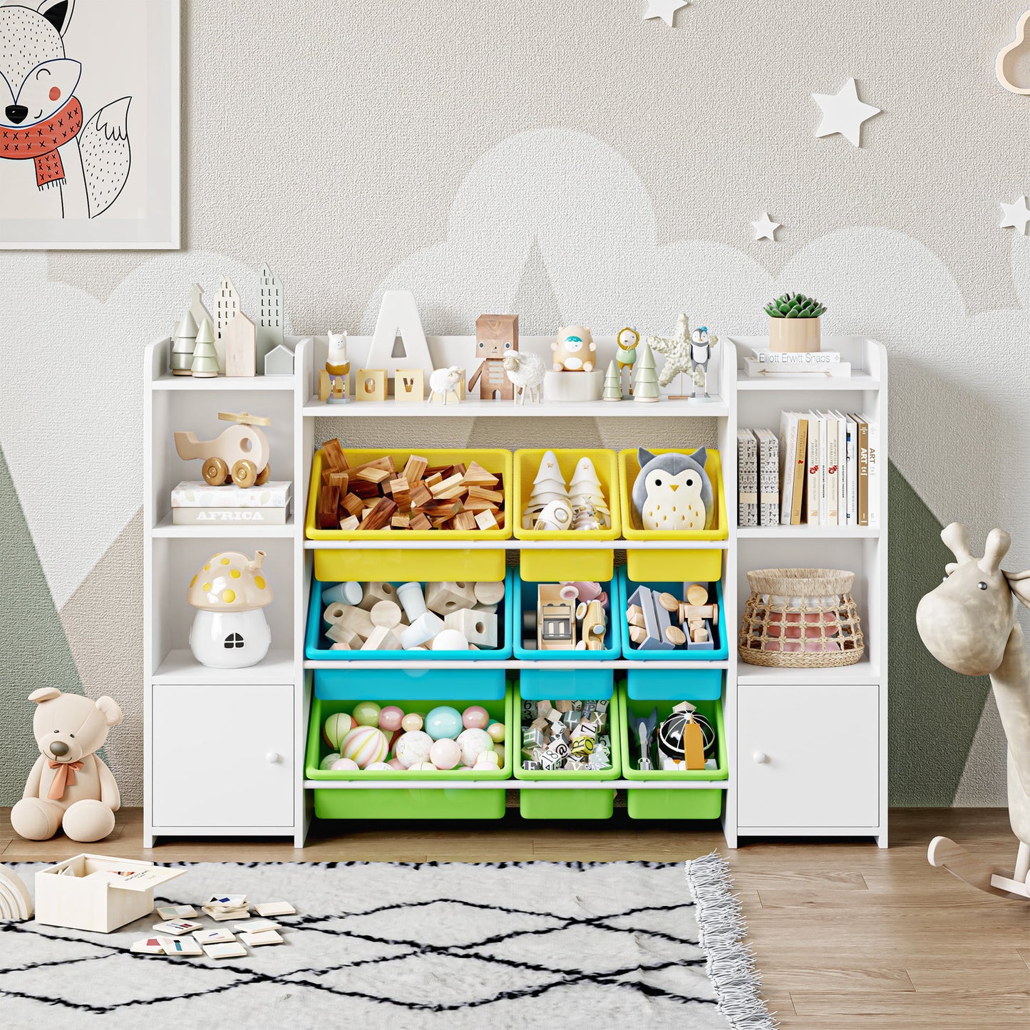 Homfa Kids Bookcase with 9 Bins, White Toy Cubby Storage Organizer Bookshelf with 2 Door for Kids Room Playroom Organization